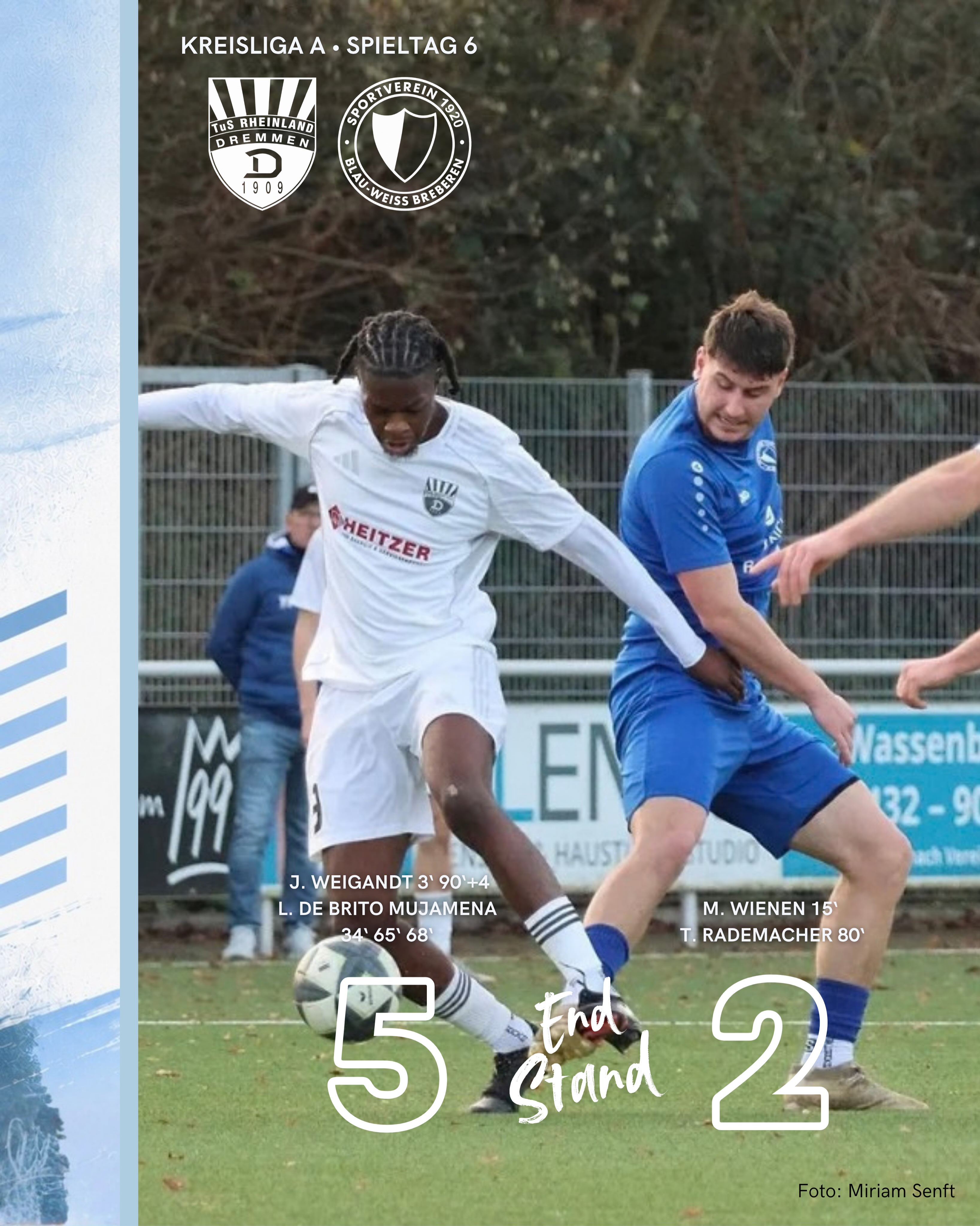 🔵⚪️ Unser Fußballwochenende im Überblick ⚪️🔵
⚽️ @tus_rheinlanddremmen – SVB 5:2 (2:1)
Für die Erste setzte es am Sonntag beim TuS Rheinland Dremmen eine deutliche 2:5-Niederlage. Nach dem frühen Rückstand glich Marius Wienen (15.) zunächst aus, ehe Dremmen noch vor der Pause erneut in Führung ging.
Nach dem Seitenwechsel wurde auch nach der Gelb-Roten Karte gegen Nico Schunk (52.) nicht einfacher. Dremmen zog trotz Unterzahl zwischen der 64. und 68. Minute auf 4:1 davon. Tim Rademacher (80.) verkürzte noch einmal, ehe Dremmen in der Nachspielzeit den 5:2-Endstand herstellte.
Damit muss der SVB nach zuletzt starken Auftritten diesmal ohne Punkte die Heimreise antreten. Mund abputzen und weiter! 💪🏻
⚽️ @sv_1910_brachelen II – SVB II 2:2 (2:2)
Die Zweite erwischte in Brachelen einen Traumstart. Martin Vogt (1.) und Dominik Wijngaards (6.) brachten den SVB früh mit 2:0 in Führung. Brachelen kämpfte sich jedoch zurück und glich noch vor der Pause durch Yannick Wellens (41.) und Kevin Mielke (43.) aus.
Nach dem Seitenwechsel entwickelte sich ein zähes Spiel mit Chancen auf beiden Seiten, ein weiterer Treffer wollte aber nicht mehr fallen. Am Ende steht ein 2:2-Unentschieden und damit ein Punkt für unsere Zweite.
Weiter geht’s! 💙🤍
📸: @miriams_pointofview