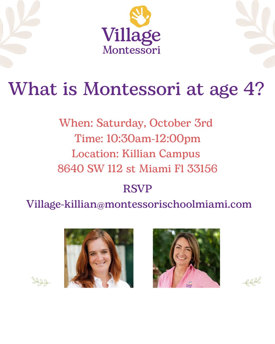 Join us this Saturday for a special Parent Seminar hosted by our Founder and Director, Ms. Joan Rodriguez, alongside our Rembrandt classroom’s Lead Teacher, Ms. Milena.
Together, we’ll explore the importance of the second year of the Primary Montessori classroom—the 4-year-old year—and why this stage is such a meaningful and transformative time in a child’s Montessori journey.
We’ll discuss the development, independence, confidence, and learning that take place during this important year, and how the Montessori environment supports children as they grow.
✨ We look forward to welcoming our families and sharing this special evening of learning and connection with you!
Join us this Saturday! Please send your RSVP to village-killian@montessorischoolmiami.com
#ParentSeminar #Parents #Parenting #VillageMontessori #Montessori #MontessoriEducation #MontessoriLearning #EarlyChildhoodDevelopment #Preschool #MariaMontessori #MontessoriParenting