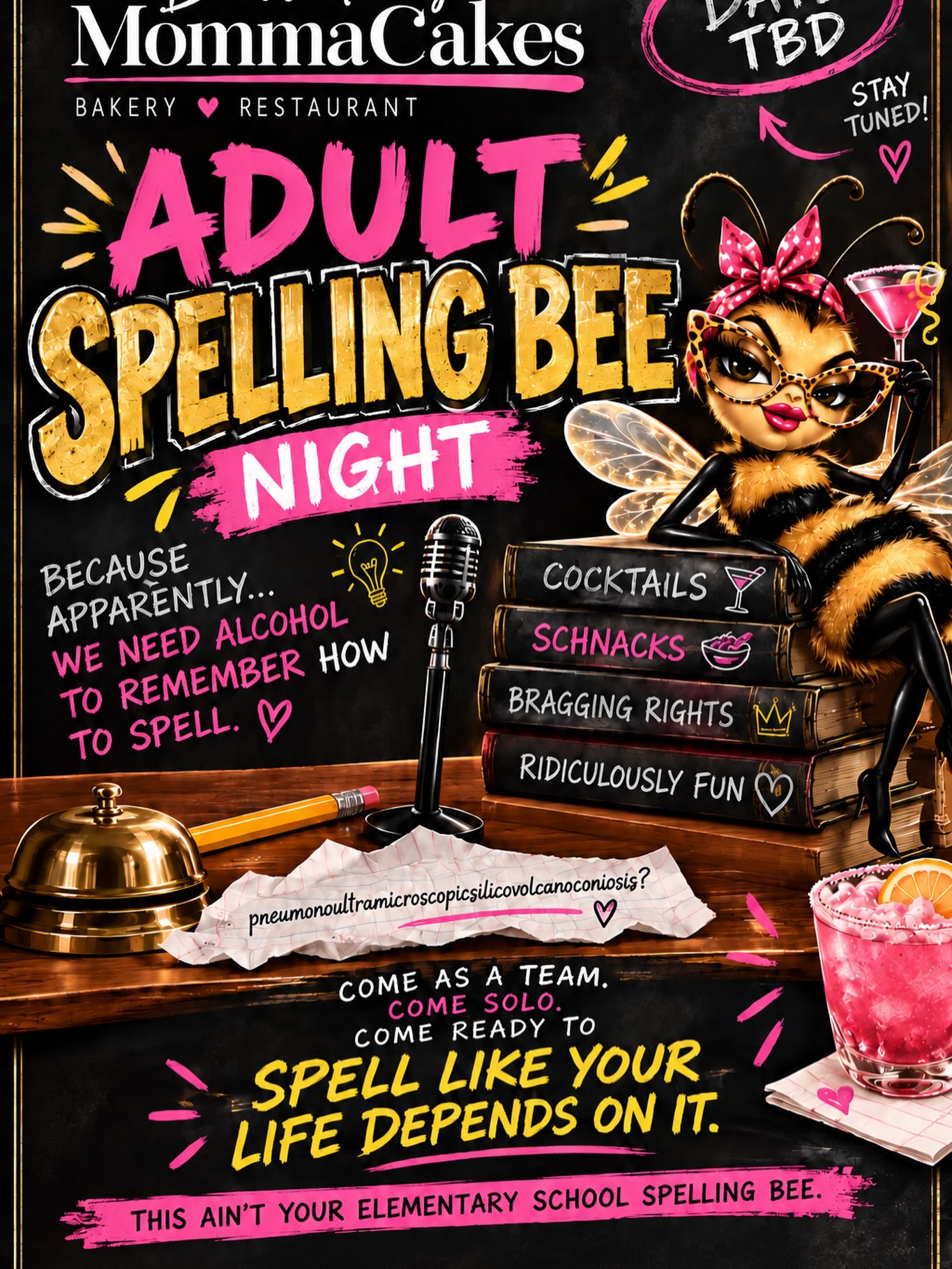 🐝📚 OKAY, SPELLING BEE PEOPLE… WE NEED TO SETTLE THIS. 🍸😂
The question is no longer IF this ridiculousness is happening…
It’s WHEN. 👀
🐝 ADULT SPELLING BEE NIGHT 🐝
🍸 Cocktails
🍿 Schnacks
🏆 Bragging rights
😂 Questionable confidence
📚 Words nobody has used since 7th grade
So tell us…
👇 WHICH NIGHT SHOULD WE DO IT?! 👇
🗓️ FRIDAY, OCTOBER 23
OR
🗓️ SATURDAY, OCTOBER 24
We want YOUR vote! 🗳️🐝
Drop FRIDAY or SATURDAY in the comments — and tag the person who thinks they can spell better than everyone else. 😏😂
Choose wisely… because once we pick a date, there’s no backing out. 🐝💀🍸
#AdultSpellingBee #DessertByMommaCakes #FairfieldTX #CocktailsAndSchnacks #LetTheSpellingBegin