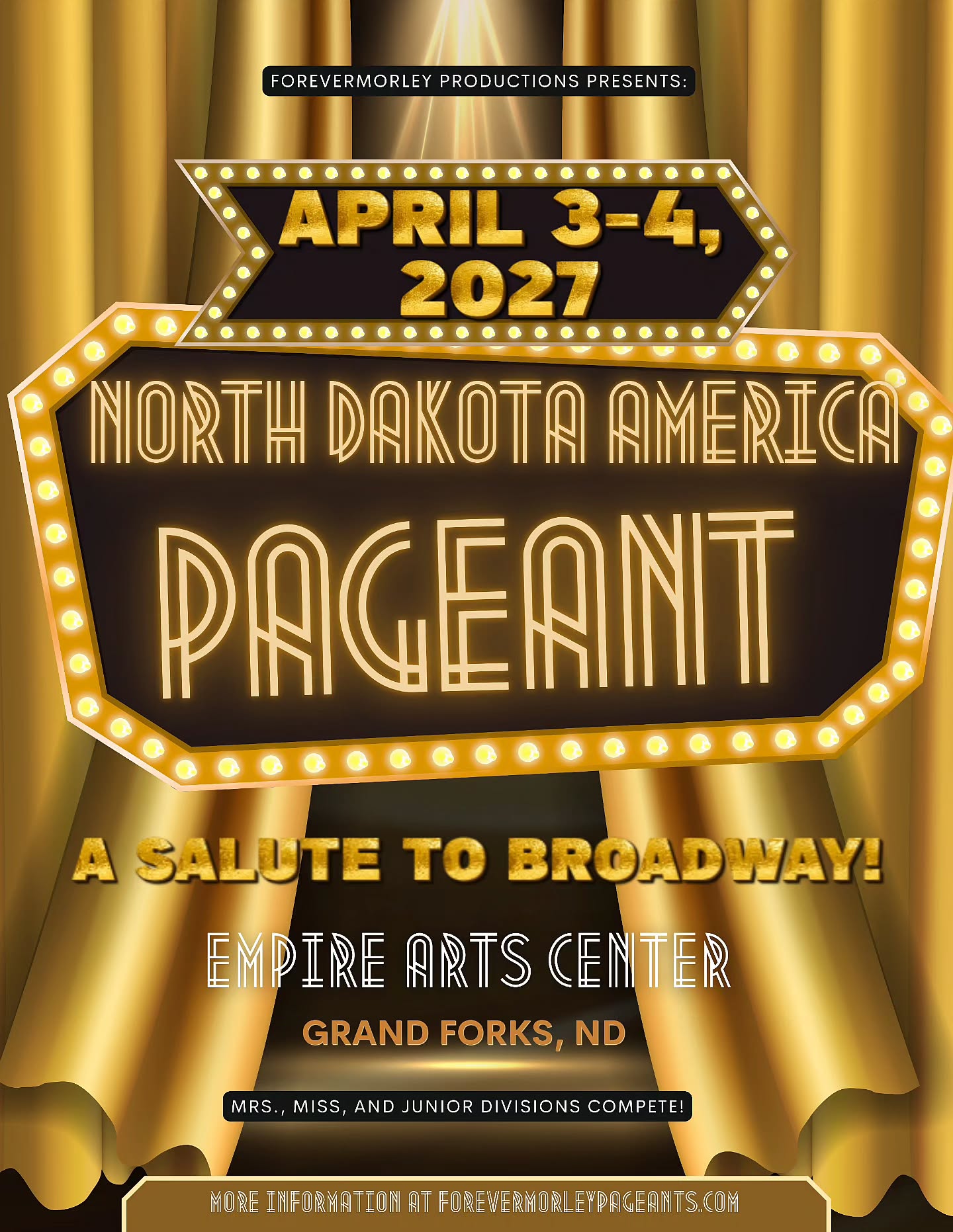 Get ready to shine under the marquee lights! ✨
The North Dakota America Pageant is taking the stage on April 3–4, 2027, at the Empire Arts Center in Grand Forks, ND! 🎭
Broadway glamour meets pageant royalty for an unforgettable weekend featuring our Mrs., Miss, and Junior divisions. 👑
Who’s bringing the showstopper energy? 👀
📲 Visit forevermorleypageants.com for details and entry info!
#ForevermorleyProductions #pageant #Broadway #NorthDakotaProud #WeAreFamily