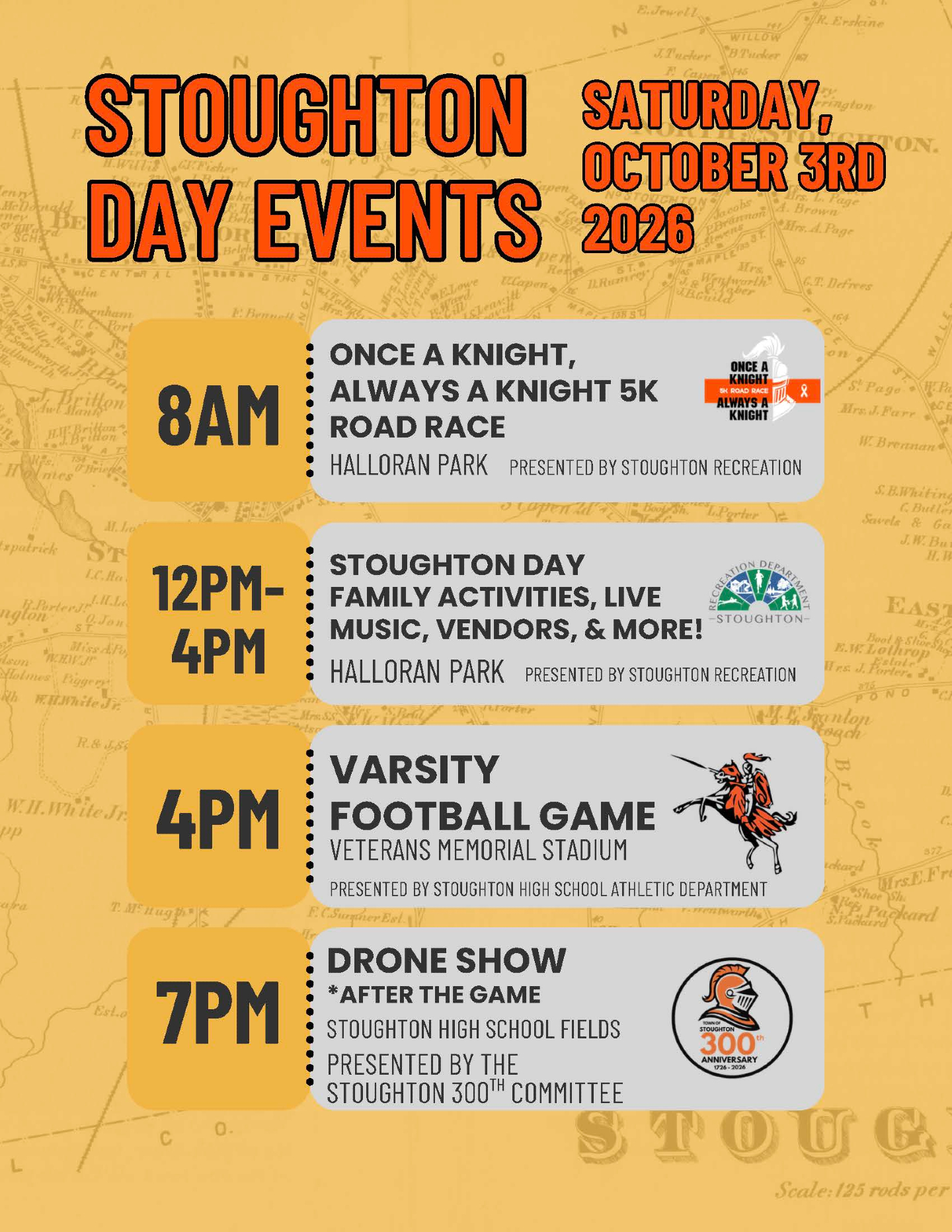 Save the date for Stoughton Day on Saturday, October 3rd!
From a 5K race and family festival at Halloran Park to varsity football and an evening drone show, there’s something for everyone all day long. Don’t miss it! 🎉
#StoughtonMA #StoughtonDay #StoughtonEvents #StoughtonFD