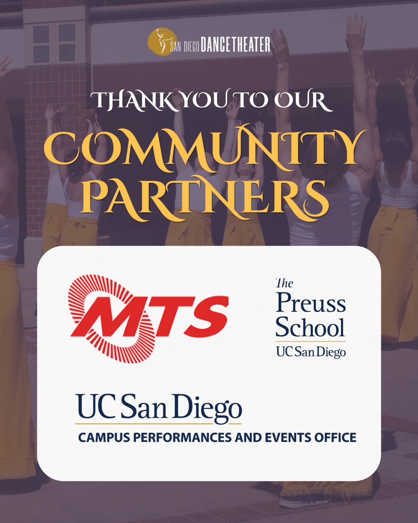 Trolley Dances 2026 wouldn’t be possible without the support and generosity of our community partners: MTS, UC San Diego Campus Performances and Events Office, and The Preuss School at UC San Diego.
Thank you and we are so excited to work with you all for Trolley Dances 2026!
There’s still time to get tickets for Trolley Dances this weekend, October 3 & 4! Visit the link in bio or visit sandiegodancetheater.org to learn more.
#sddt #sandiegodancetheater #trolleydances2026 #sitespecificdance #sandiegodance