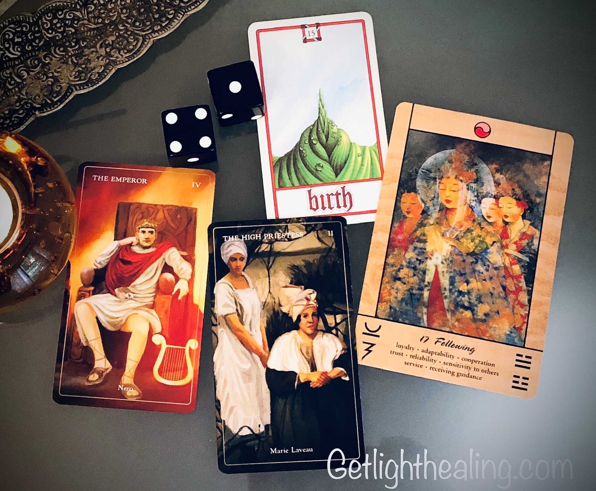 Guidance for week of October 4, 2026 “Not through Force, but through Allowing”
Something new must displace the status quo to promote growth. When a comfortable 4 begins to calcify, forward movement is prevented. This necessary change (5), however, will have to be self-initiated (1). The Birth card reinforces the message ~ something new is pushing through, gaining momentum, and yet is still in a fragile state. Like childbirth itself, it’s guided by its own innate natural process, one that doesn’t require manipulation, force, or imposed parameters, but careful facilitation. Libra season ~ an air sign ruled by Venus, fostering teamwork and cooperation ~ seeks to bring a sweet harmony into existence. It encourages us to use honey rather than vinegar to persuade others toward our way of thinking, rather than forcing them on board. The Emperor represents the method we’re currently using: an Aries, directive energy that calls the shots, takes the lead, makes the rules, and expects others to follow. Like vinegar, it can leave a sour taste. Both Cardinal energies, yet energetic opposites in their approach. Aries can come across as headstrong, even aggressively rude at times, while Libra is on its best behavior, striving to remain fair and diplomatic. More listening than orchestrating would serve us better here. The High Priestess stays quiet, keeping her thoughts/opinions/conversations to herself. She knows there are stronger forces at work. She puts her trust in the Divine and in her own inner knowing, letting the magic do its job. The Following Card tells us know why this soft, mentoring approach is important. As humans we learn through contrast. People must learn through their own mistakes. It’s through the first-hand experience of the negative & positive, along with tuning into our inner knowing, that we hopefully learn how to successfully navigate. It’s better off trying to teach one to listen to their own guidance offering support rather than giving them the instructions. It’s not about expanding your own power but helping them develop theirs through accessing individual insight & charting their own course, their way.