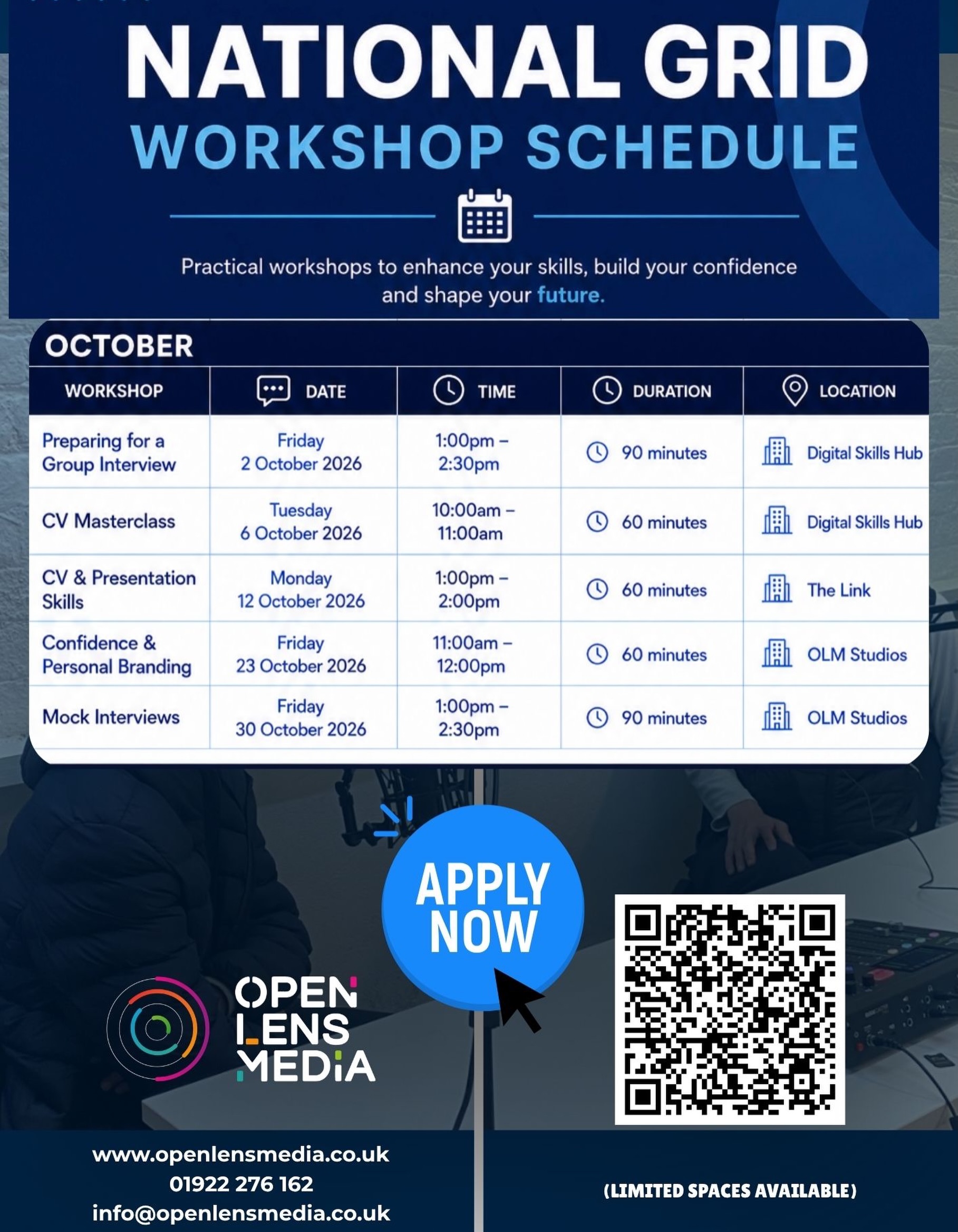 Ready to level up your skills, boost your confidence, and prepare for your next interview?
Spaces are completely free, secure your spot now
📅 UPCOMING SESSIONS:
• CV Masterclass | Tue 6 Oct (10am–11am)
• CV & Presentation Skills | Mon 12 Oct (1pm–2pm)
• Confidence & Branding | Fri 23 Oct (11am–12pm)
• Mock Interviews | Fri 30 Oct (1pm–2:30pm)
👉 HOW TO APPLY: Click the link in our bio to grab your free spot right now!
Or email us: info@openlensmedia.co.uk
Alternatively, call: 01922 650 600
#OpenLensMedia #Walsall #NationalGrid #YouthEmployability #YoungPeople