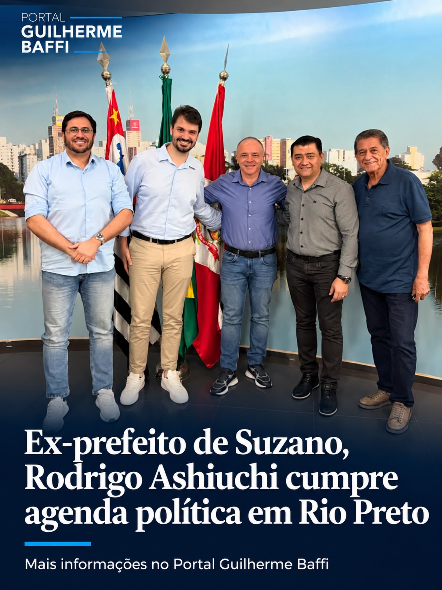 Ex-prefeito de Suzano, Rodrigo Ashiuchi cumpre agenda política em Rio Preto
Candidato a deputado estadual pelo PL, o ex-prefeito de Suzano Rodrigo Ashiuchi esteve em Rio Preto na semana passada para uma série de encontros com lideranças políticas e empresariais.
Durante a passagem pela cidade, Ashiuchi visitou empresas e instituições e foi recebido no gabinete do prefeito Coronel Fábio Candido. No encontro, foram discutidas experiências de gestão pública, desenvolvimento municipal e projetos implantados durante os dois mandatos de Ashiuchi à frente da Prefeitura de Suzano.
A agenda contou ainda com a participação do ex-vereador Dourival Lemes, colaborador da Secretaria de Governo, e do médico e empresário Felipe Guedes, suplente de vereador pelo PL.
A passagem de Ashiuchi por Rio Preto foi articulada pelo empresário e ex-secretário municipal de Desenvolvimento Econômico e Turismo Mario Welber.
“Rodrigo Ashiuchi é um dos prefeitos mais bem avaliados do Brasil. Fez um trabalho histórico em Suzano, que se estenderá para Rio Preto e também para o Estado de São Paulo”, afirmou Welber.
A visita ocorre durante a campanha eleitoral de Ashiuchi, que disputa uma vaga de deputado estadual pelo PL nas eleições de 2026.