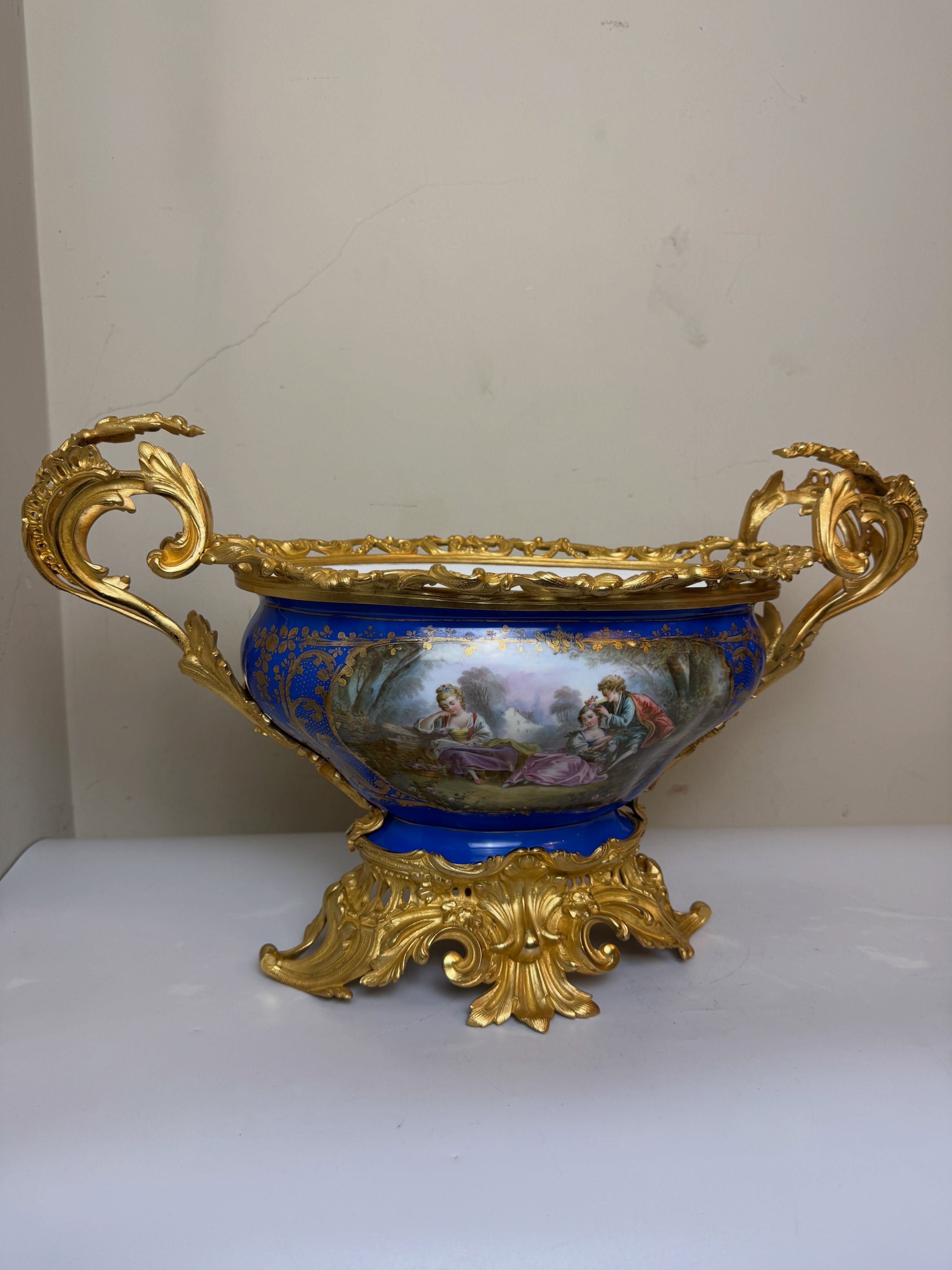 Gigantic french porcelain jardiniete#sevres mark#strong cast gilt mounts#ceramic#portobello#antique