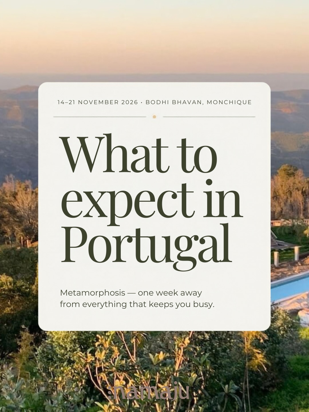 I have an invitation for you.
From November 14 to 21, 2026, I’m heading to Bodhi Bhavan for a week—nestled in the mountains of the Algarve near Monchique, Portugal—away from everything that usually keeps you busy. Morning yoga, Breathwork, embodiment, workshops, moments of silence throughout the day, good food, nature all around, and time that no one but you decides how to spend.
Whatever shifts within you here will stay with you when you head home.
If this resonates with you: You’ll find all the information via the link in my bio.
#retreatportugal #namaju #yogaretreat #breathworkretreat #embodiment