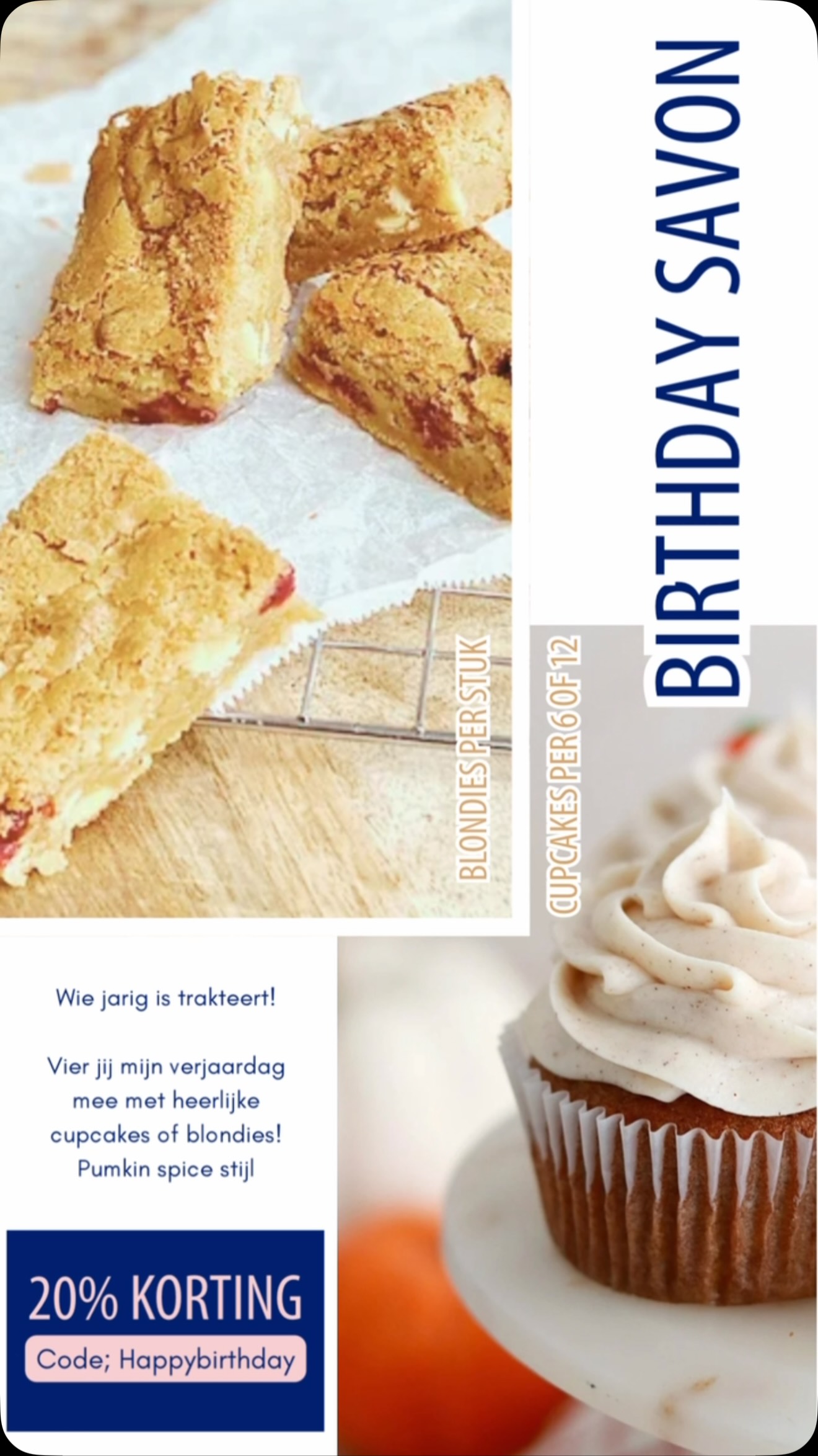 Mis deze actie niet! Nog tot woensdag te bestellen
.
Aanstaande zondag mag ik 36 kaarsjes uitblazen en wie jarig is trakteert!
.
Daarom trakteer ik op lekkere blondies/cupcakes met een fijne korting…
.
Ga naar de website; www.cakemehappy.nl/specials en vergeet de korting niet!
.
#cakemehappyglutenfree #glutenvrijetips #pumkinspice #herfstcupcakes #lovetobakeyouhappy