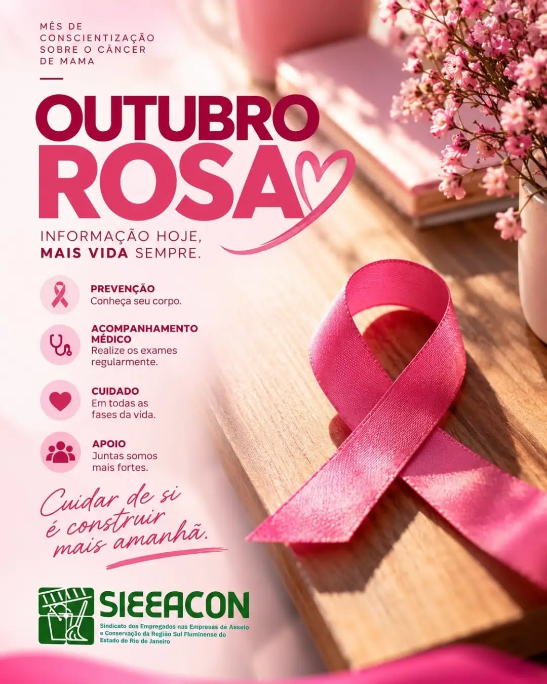 Cuidar de si é construir mais amanhã!
🌸 Informação hoje significa mais vida sempre.
Conheça seu corpo, mantenha o acompanhamento médico e lembre-se de que, juntas, somos muito mais fortes.
💬 Queremos te ouvir: Como você cuida da sua saúde no dia a dia?
Deixe seu recado de incentivo nos comentários!
#OutubroRosa #SIEEACON #PrevençãoAoCâncerDeMama #InformaçãoÉVida #JuntasSomosMaisFortes