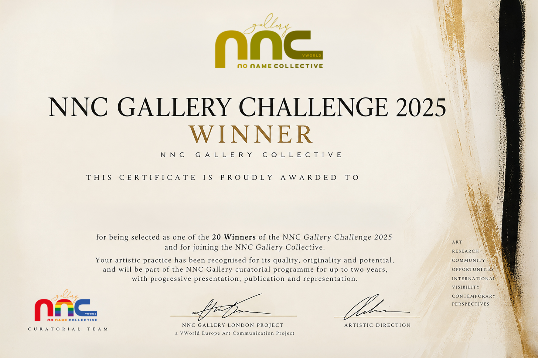 IT’S DONE. WE HAVE CHOSEN.
A long day comes to an end, filled with joy, excitement, and also a certain sadness.
After months of looking, discussing, questioning and sometimes changing our minds, we have made our final selection.
20 Winners. 4 Honourable Mentions.
24 artists will become part of the NNC Gallery Collective 2025.
Mid-career artists with established practices and emerging artists who are only beginning to shape their path.
This year was particularly difficult. We encountered research, stories and works that forced us to stop and truly look. Some artists captured us immediately. Others remained with us quietly, growing in our thoughts over time.
And yes, we are genuinely sorry for those who will not continue this journey with us.
A curatorial selection is not a verdict on the value of an artist. It is a choice made at a particular moment, within a particular vision.
The artists we have selected belong to the first decades of the twenty-first century: a strange, fast and fragile time in which technology is transforming the way we see and create, while we still need the oldest things: to tell stories, leave traces, build memory and ask questions.
Perhaps, many years from now, someone will look at the works created today to understand who we were.
NNC Gallery will continue to search, observe and make its selections, presenting them to the international art world and its professionals.
Not as a vanity gallery, but as an independent curatorial organism that believes in art and wants to give it visibility beyond the usual and outdated mechanisms of the art system.
Before the great names, before recognition, before the market decides who deserves to be remembered, there have always been artists whom someone had the courage to look at while their story was still being written.
That is where we want to stand.
The choice has been made.
Welcome, Collective 2025.
Thank you to everyone who looked, discussed, questioned, defended an artist and changed their mind along the way:
Valentine, Violet, Arthur, Vanessa, Celine and Vittoria.
NNC Gallery London Project
www.nonamecollectivegallery.co.uk
No Name. Many Stories.
#NNCGallery #ContemporaryArt #EmergingArtists