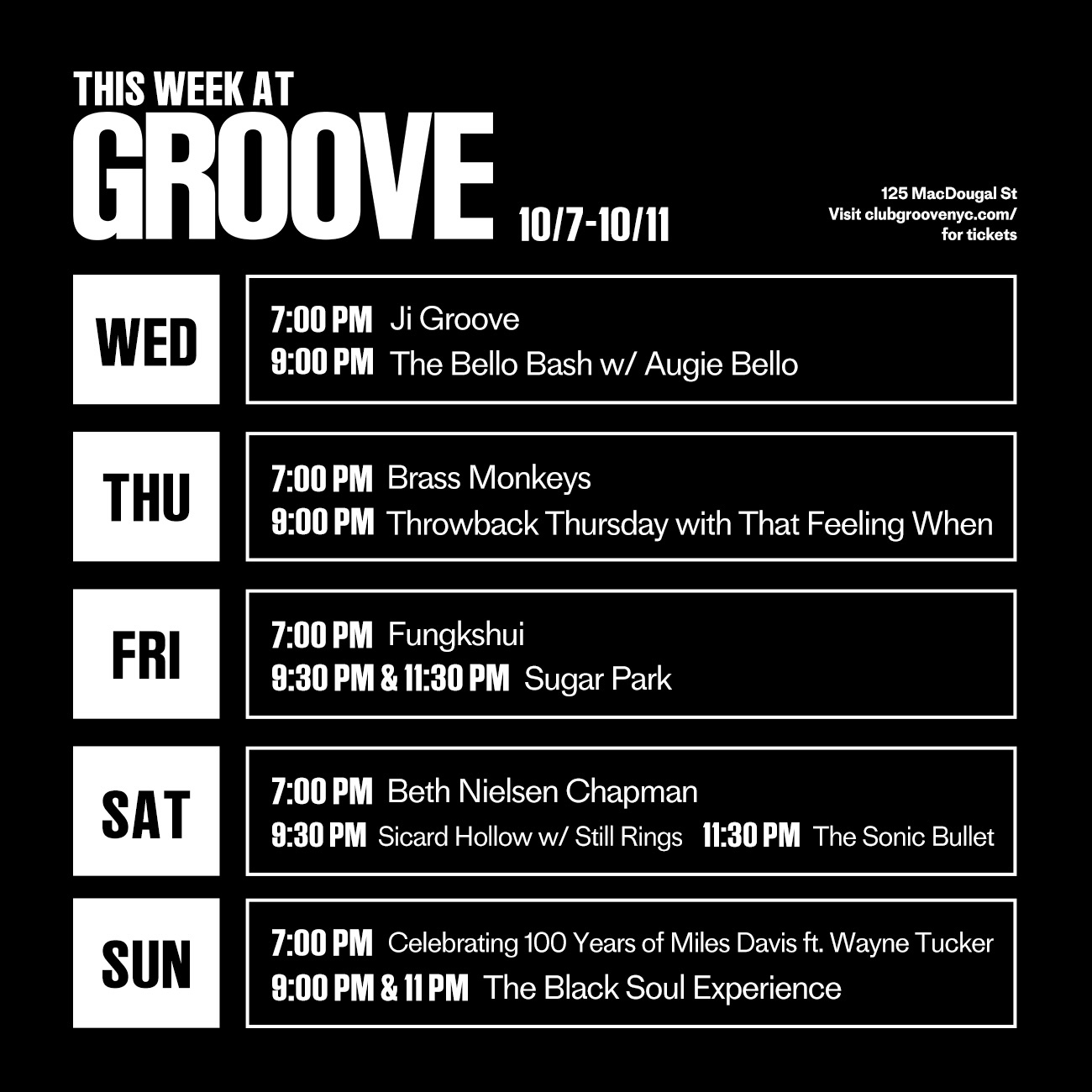Get your live music fix with Fungkshui, Beth Nielsen Chapman, Sicard Hollow with Still Rings, and more LIVE this week at Groove! ๐บ
๐ท 10/7: @officialjigroove // @thebellobash with @augie_bello
๐ฟ 10/8: @brassmonkeysnyc // Throwback Thursday with @tfwband
10/9: @fungkshui_band // @sugarparkband_cwe
10/10: @beth_nielsen_chapman // @sicardhollowband with @stillringsband // @thesonicbullet
10/11: Celebrating 100 Years of Miles Davis ft. @wayneeverest // The Black Soul Experience ft. @blacksoulboy
Grab your tickets now at the link in bio! ๐ซ
#GrooveNYC #LiveMusicNYC #ThingsToDoNYC