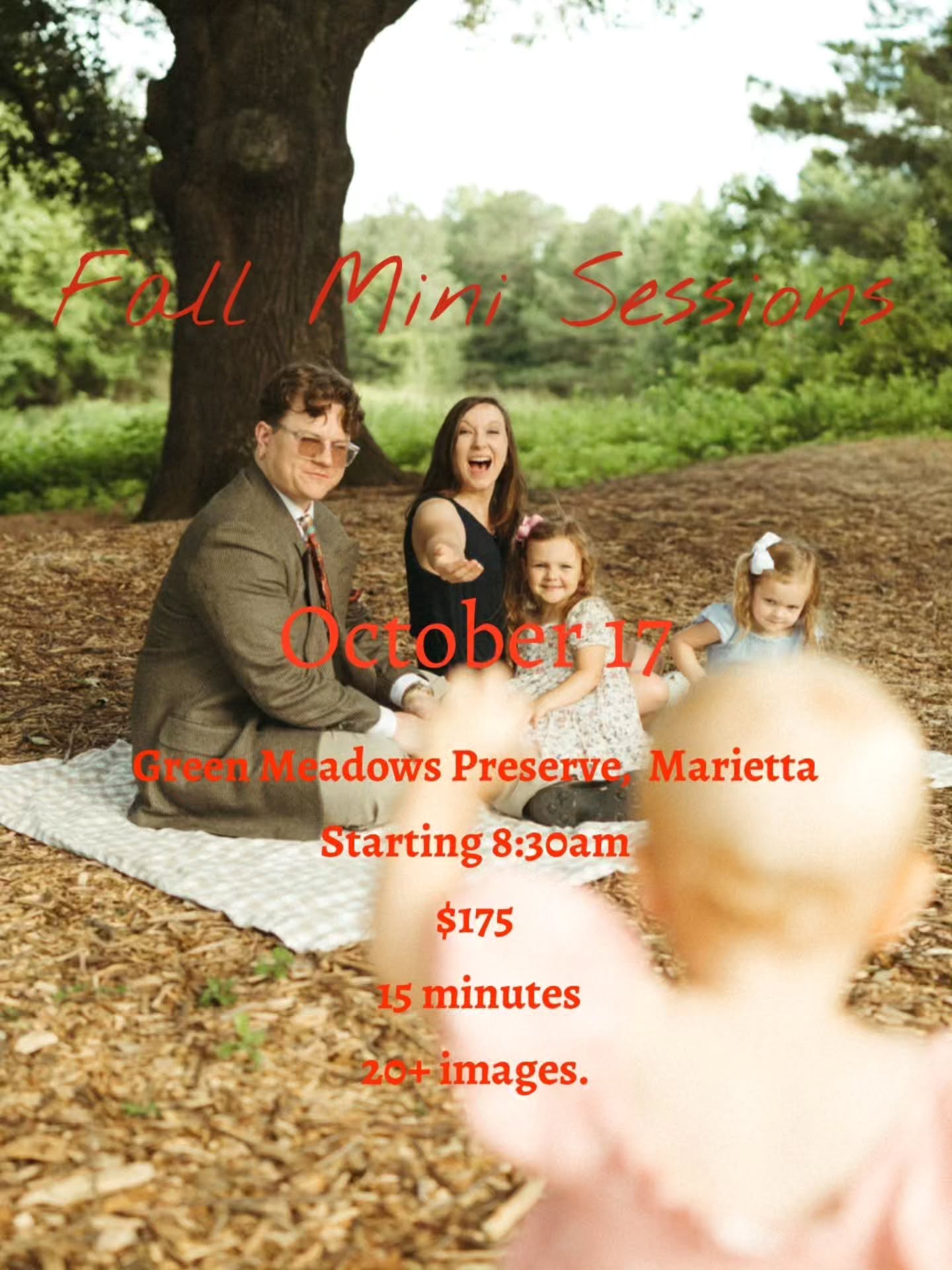 I'll be hosting Fall Minis at Green Meadows Preserve in Marietta on October 17th!
Great for families (Christmas cards? 😏), couples, senior photos, maternity, etc.
The slots are currently:
8:40-8:55
9-9:15
9:20-9:35
9:40-9:55
10-10:15
10:20-10:35
Feel free to comment or email me at abigailsykesphoto@gmail.com to claim your spot! $50 deposit required to secure it.
Can't wait!