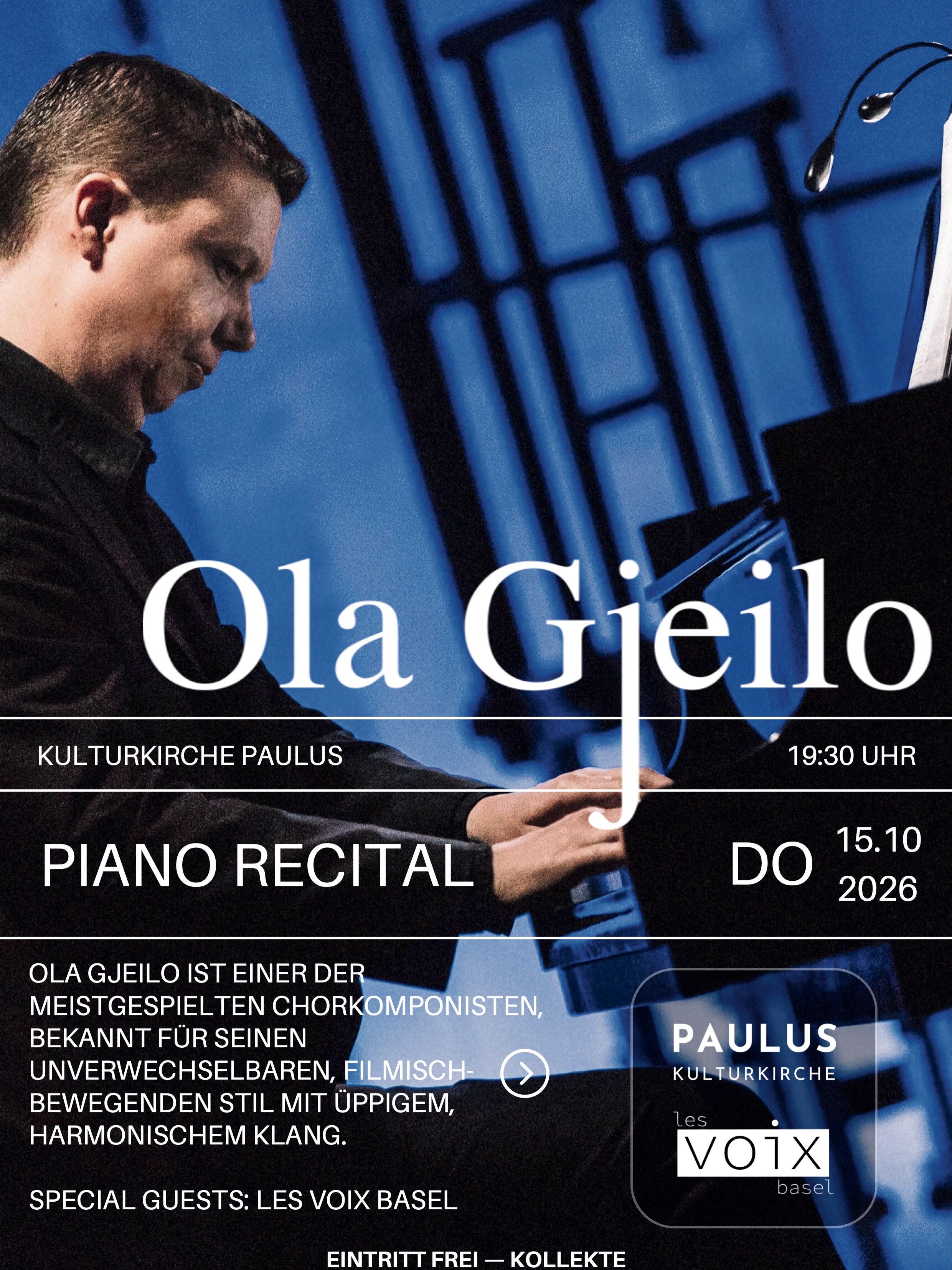 Experience an intimate evening with Norwegian composer and pianist @ola.gjeilo, one of the most frequently performed composers in the choral world.
Known for his distinctive blend of classical, jazz, pop and folk influences, Gjeilo brings his unique improvisational voice to the piano — creating music that is both deeply personal and wonderfully atmospheric.
For this special recital, he will perform works from his new solo piano album ordinary moments.
🎹 Ola Gjeilo — Piano Recital
📍 Kulturkirche Paulus, Basel
📅 October 15, 2026
🕢 7:30 PM – 8:30 PM
Come and experience the quiet beauty, warmth and spontaneity of Ola Gjeilo’s music — live and up close.
✨ An evening of piano, improvisation and ordinary moments.
Special Guests:
🎶 @lesvoixbasel
📷 @mantasheadshooter @abrilliantphoto_agnieszka