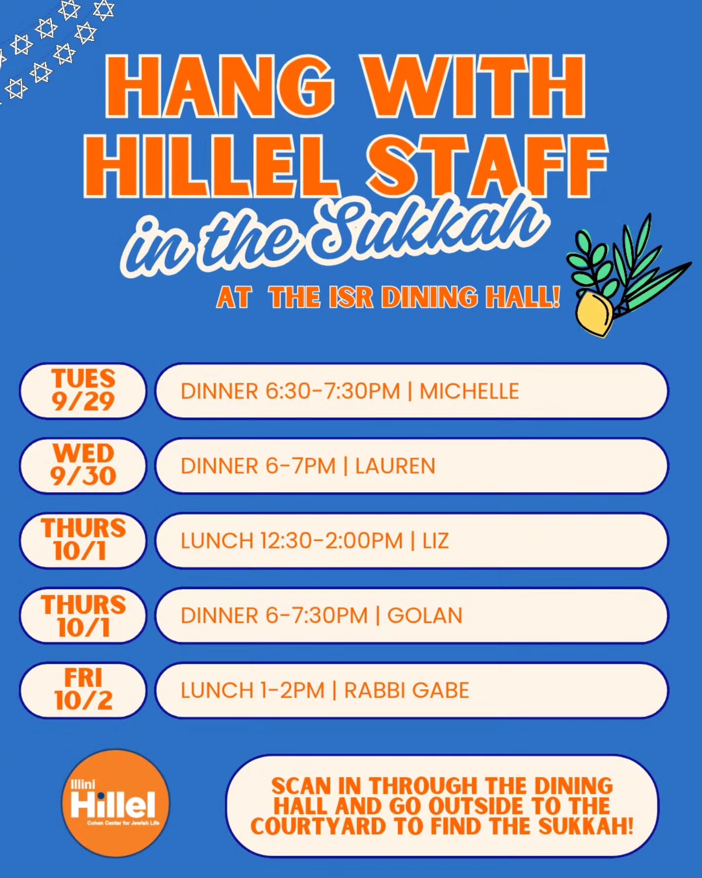 Did you know we built a sukkah in the ISR courtyard? Come hang with the Hillel staff for meals this week!