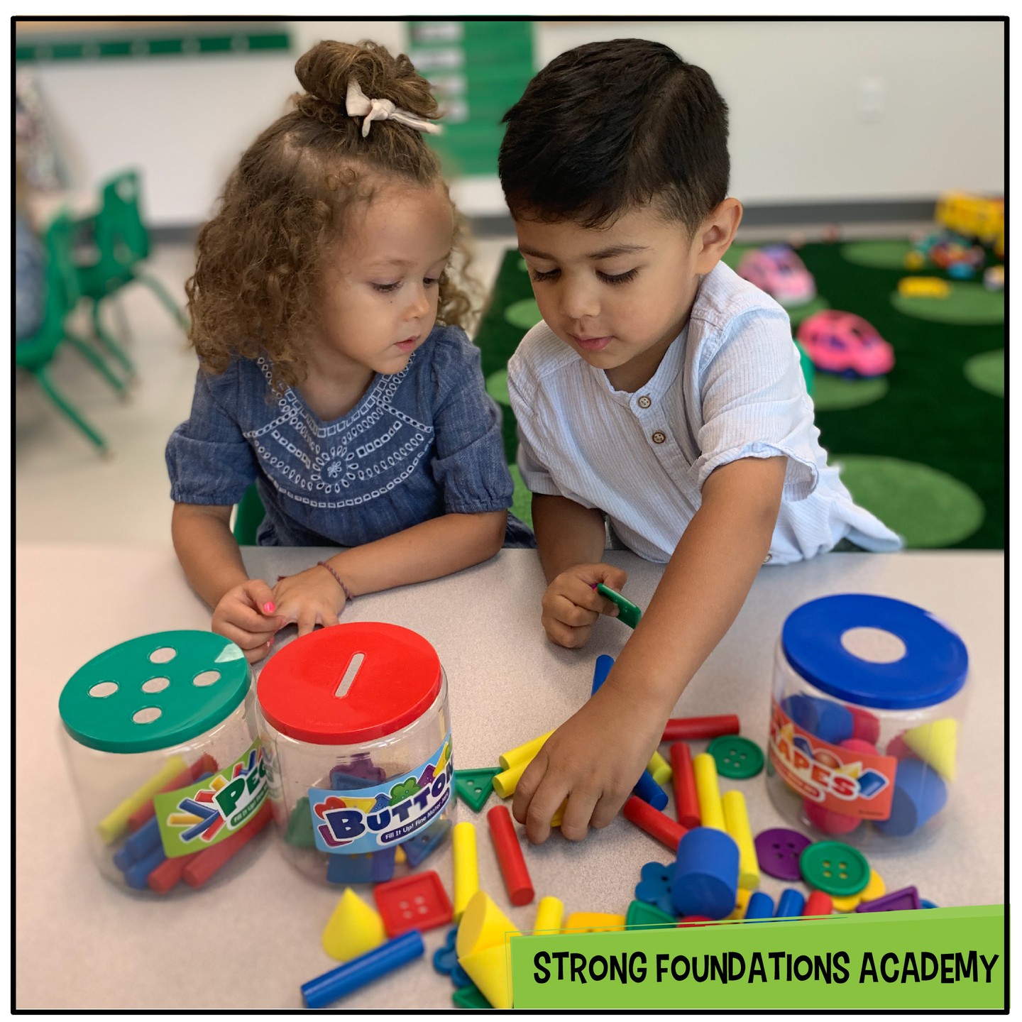 They just think they are having fun but we know our preschoolers are building the fine motor skills they’ll need to start writing! They are also build classification skills & eye/hand coordination as they fit the objects into the holes.
Visit StrongFoundationsAZ.com to take a virtual tour, schedule an in person tour, or learn more about our certified teachers and reading specialists.
#ChandlerMoms #GilbertMoms #EastValleyMoms #ChandlerAz #AzKids #StrongFoundationsAcademy #ChandlerKids #GilbertKids #ArizonaKids