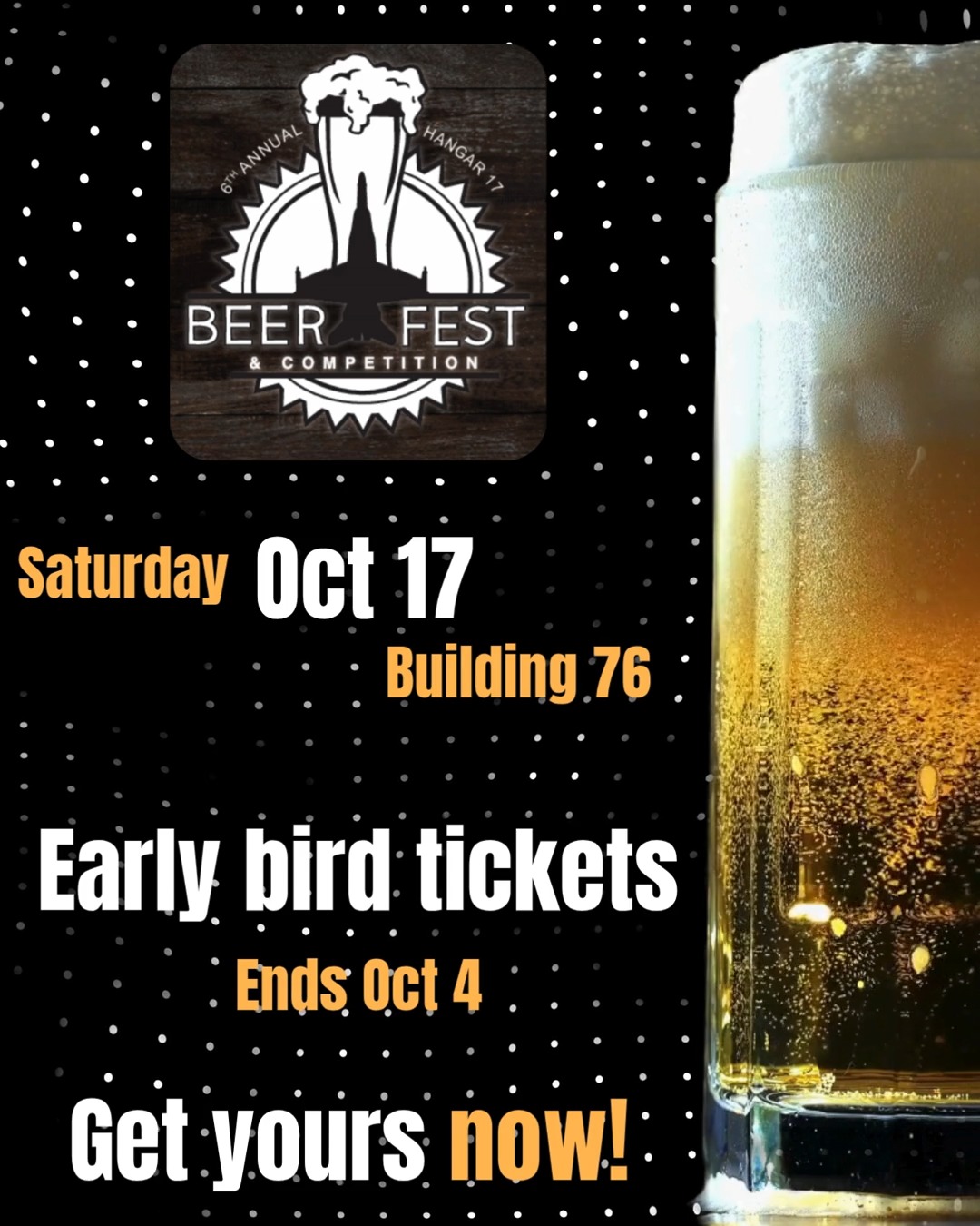 Early Bird tickets for the 6th Annual Hangar 17 Beer Fest & Competition are available until October 4
• $15 Members
• $25 Guests (max. 2 guests per member)
Register through Booking before prices increase. https://bkk.cfmws.com/winnipegpub/courses/index.asp?c=33&sc=174&crs=8816
_________
Les billets anticipés pour la 6e édition du Hangar 17 Festival de bières sont disponibles jusqu’au 4 octobre.
• 15 $ pour les membres
• 25 $ pour les invités (maximum de 2 invités par membre)
Inscrivez-vous via Booking avant que les prix n’augmentent.