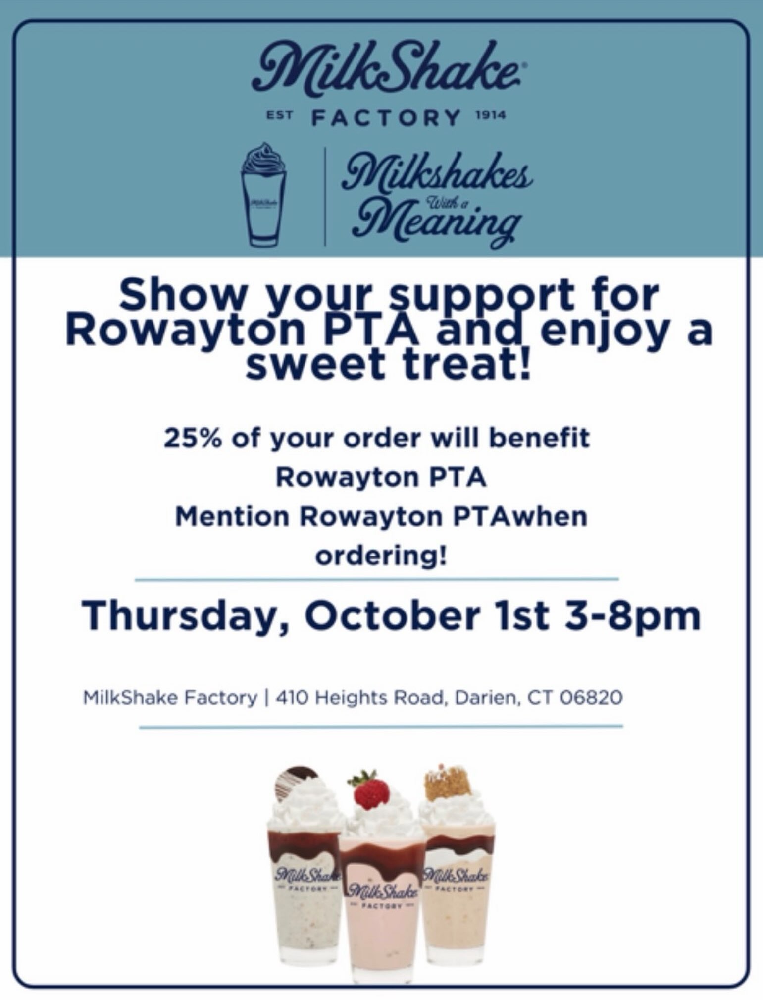 📣 Big day for the PTA on Thursday! Join us that morning at 9:15 in the cafeteria for our monthly PTA meeting. Then, after school, head on over to @themilkshakefactory in Darien to support our school through the generous fundraiser they’re hosting. We hope to see you there!