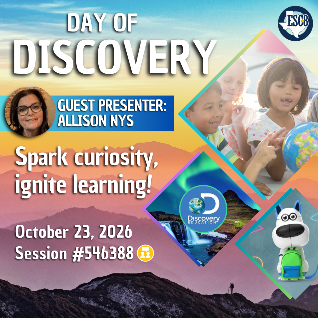Ignite curiosity at Day of Discovery! Explore Discovery Education through hands-on learning, fresh teaching strategies, and practical ideas you can bring straight to your classroom.
https://txr8.escworks.net/catalog/session.aspx?session_id=546388