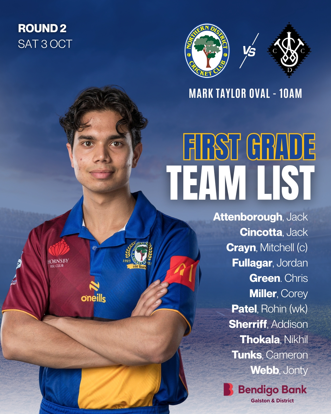 Men’s teams for this Saturday are locked in 🔒
We take on Wests tomorrow, with First Grade in a 50-over clash and Second to Fifth Grade in T20s
Brought to you by Bendigo Bank - Galston & District