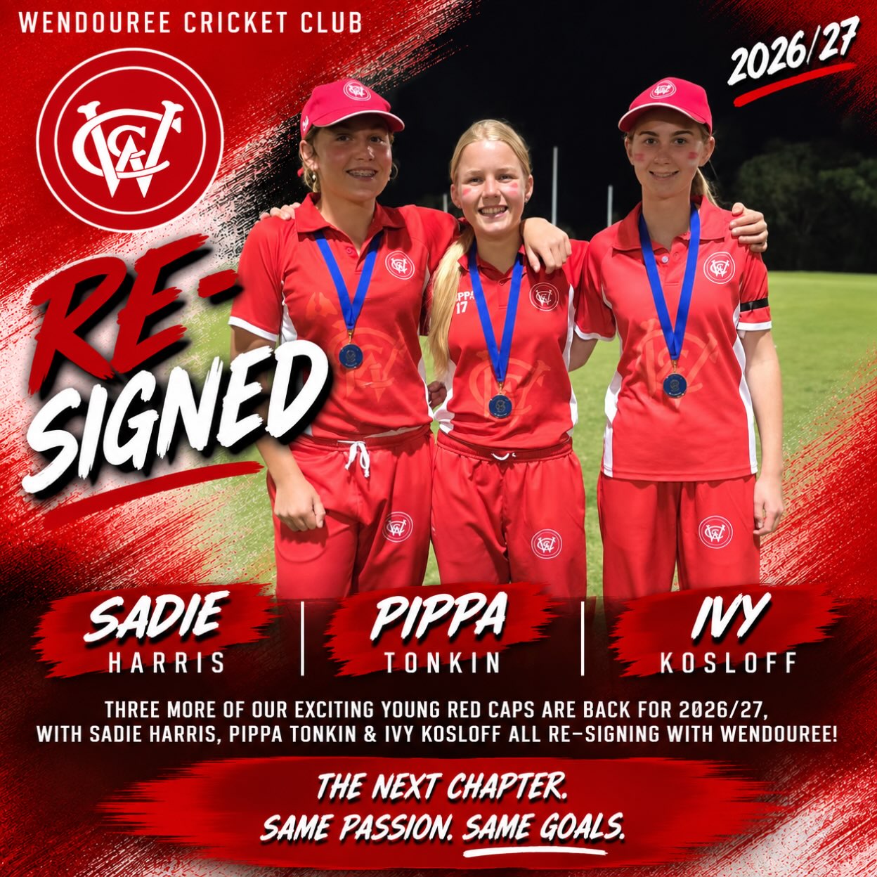 🔥 🔴⚪ THE YOUNG GUNS ARE BACK! ⚪️🔴🔥
We’re pumped to announce the re-signing of Sadie Harris, Pippa Tonkin & Ivy Kosloff for the upcoming season! 💪🏏
Still proudly part of our U/17 squad, these three young women have already made a huge impact at senior level — playing an integral role in last season’s inaugural Senior Women’s Premiership 🏆
Their talent, energy and commitment continue to shine, and we can’t wait to see them keep growing, developing and making their mark across both junior and senior cricket.
The future is bright. The young guns are staying! 🔴⚪🔥
#WendoureeCricketClub #TheNextChapter #RedCaps #WomensCricket