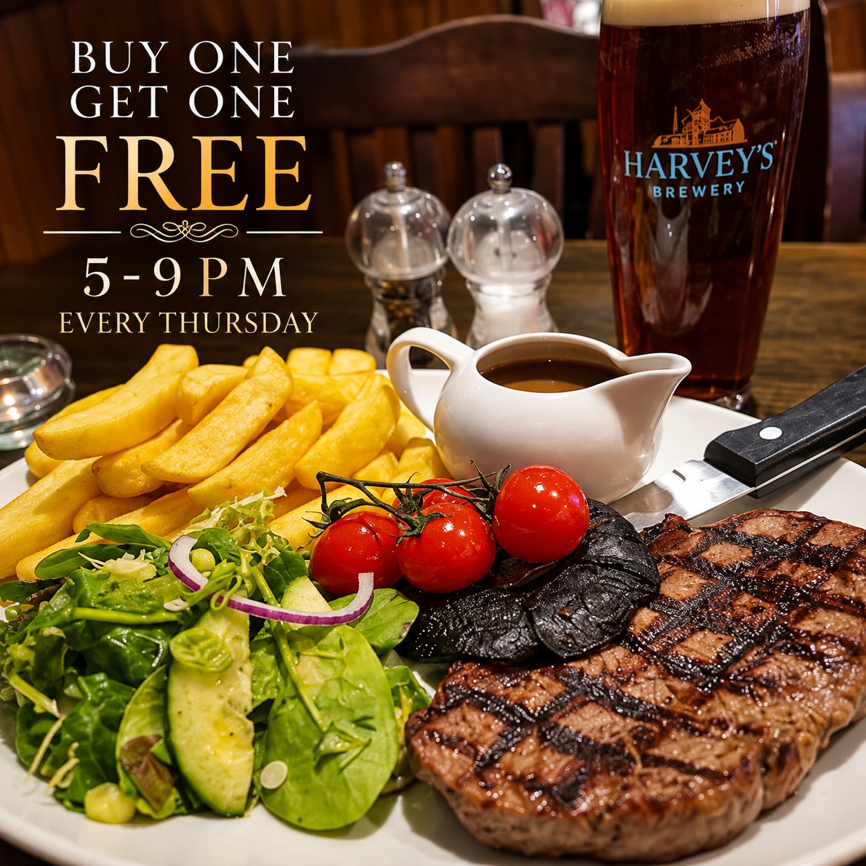 THURSDAY NIGHT = STEAK NIGHT!
Why settle for one when you can have TWO?
Join us every Thursday from 5–9PM and enjoy our BUY ONE, GET ONE FREE offer — the perfect excuse to treat yourself and bring someone along!
Juicy chargrilled steak, chunky chips, fresh salad and a pint of Harvey’s to wash it down.
Great food, great value and the perfect Thursday night at The Old Dunnings Mill.
BUY ONE, GET ONE FREE | EVERY THURSDAY | 5–9PM
Get your table booked — Thursdays just got a whole lot tastier!
#OldDunningsMill #SteakNight #EastGrinstead #ThursdayNight #BuyOneGetOneFree