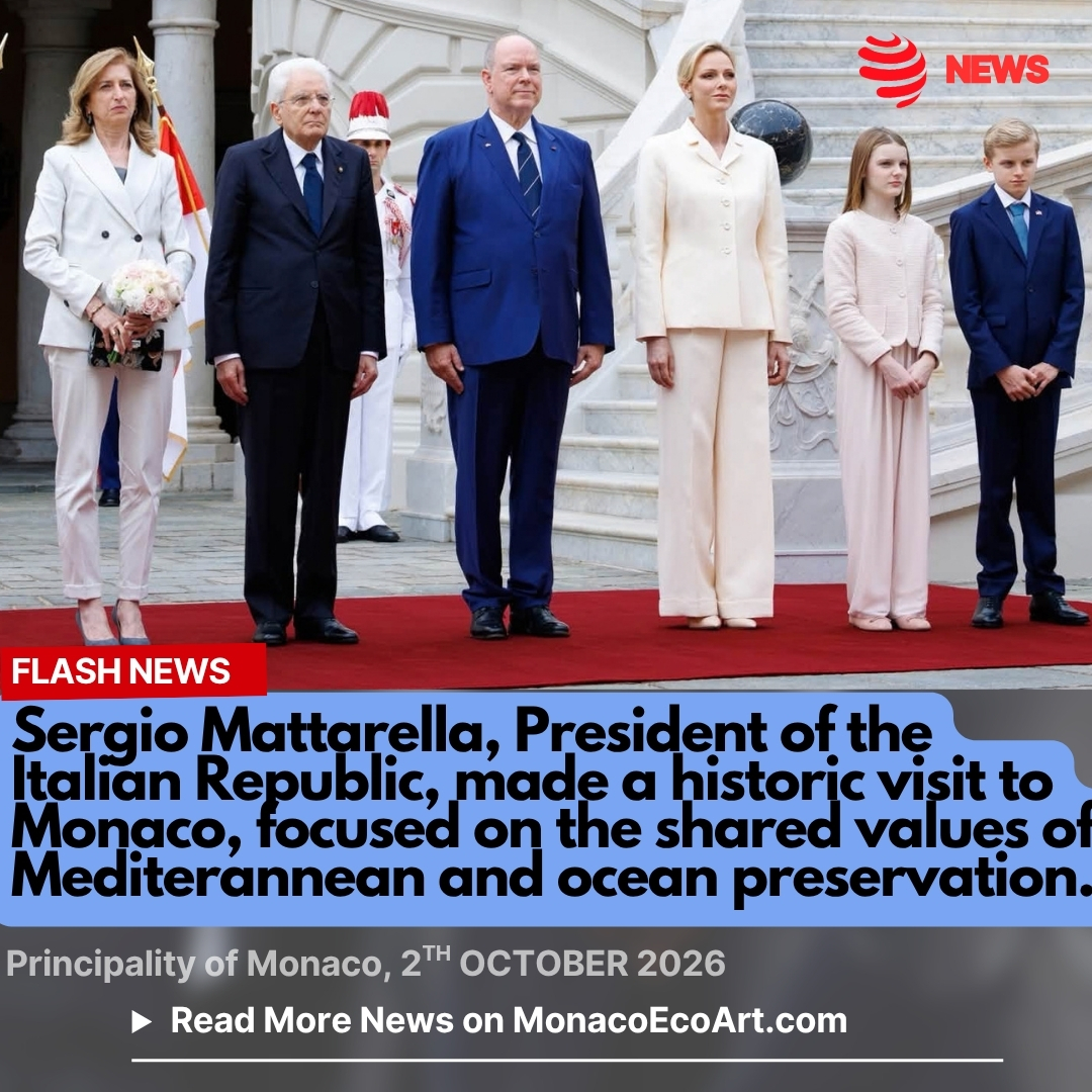 MonacoEcoArt.com #flash #news #diplomacy #monaco #italy #sustainability #Mediterranean #ocean #conservation 🇲🇨🇮🇹🌊On the 2nd October 2026, Sergio Mattarella, President of the Italian Republic, made his historic #state #visit to the Principality of Monaco, the first-ever visit by an Italian Head of State. Welcomed by H.S.H. Prince Albert II of Monaco and H.S.H. Princess Charlène, together with T.S.H. Prince Jacques and Princess Gabriella, the Italian Head of State highlighted the strong bilateral #relationship between Italy and Monaco, with particular emphasis on their shared commitment to #sustainability and the #protection of the #oceans and the #Mediterranean Sea. During official talks, President Mattarella stressed the importance of joint #action to safeguard the marine #environment, describing the Mediterranean as a basin of “#peace and freedom”, while also underlining the urgent need to protect its #fragile ecosystem. Environmental #issues will remain at the centre of the visit on Saturday the 3rd October, when President Mattarella and Prince Albert II are due to visit the Oceanographic Museum of Monaco @oceanomonaco. The programme will focus on #scientific cooperation, ocean conservation and international efforts to protect marine #biodiversity — priorities shared by Italy and the Prince Albert II of Monaco Foundation. The visit will conclude at the museum with joint statements to the press, focusing on future scientific and environmental cooperation between the two countries. 📸 © @palaisprincierdemonaco Layout and Contents by: © MonacoEcoArt.com
P.S.: The first day of the visit also featured a military welcome at the Prince’s Palace, followed by an evening performance at the Opéra de Monte-Carlo featuring mezzo-soprano @ceciliabartoli and an official state dinner.