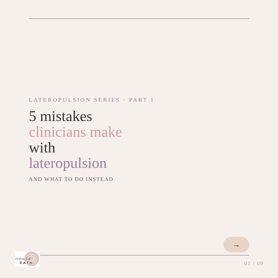 5 mistakes clinicians make with lateropulsion — and what to do instead. 🧠 Lateropulsion affects an estimated 41% of people after a hemispheric stroke, and those affected often face a longer road to recovery. Small shifts in how we approach it, like guiding instead of fighting the push or rethinking the wheelchair and assistive device, can make a real difference.
Want to learn more about lateropulsion? Comment LATERO for the link to our 2-hour course, Reclaiming Midline. 💬
#Lateropulsion #PusherSyndrome #NeuroRehab #NeuroPT #NeuroOT StrokeRehab ClinicalEducation ContinuingEducation EvidenceBasedPractice ReclaimingMidline