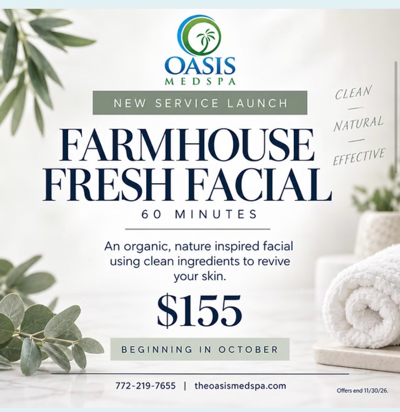 Get ready to refresh, restore, and glow! ✨🌾
We are so excited to introduce our brand-new Farmhouse Fresh Facial at Oasis Med Spa!
This luxurious 60-minute treatment uses micro-batch, naturally derived ingredients packed with fresh botanical extracts, antioxidants, and rich nourishment. Designed to gently revive tired skin, this ultra-refreshing facial deeply hydrates while delivering an instant, youthful-boosting glow you’ll love.
Whether your skin needs a seasonal pick-me-up or a relaxing hour of pure pampering, Farmhouse Fresh is the perfect natural reboot for your complexion.
🌿 Duration: 60 Minutes
🌿 Key Benefits: Deep hydration, natural skin replenishment, radiant & youthful glow
✨ Limited appointment slots available!
Tap the link in our bio or call us today to book your Farmhouse Fresh Facial and treat your skin to the ultimate harvest-fresh glow! 💆♀️✨
#OasisMedSpa #FarmhouseFresh #FacialGlow #SkincareRoutine #CleanBeauty SkinCareJunkie YouthfulGlow SpaDay MedSpaServices BotanicalSkincare RadiantSkin