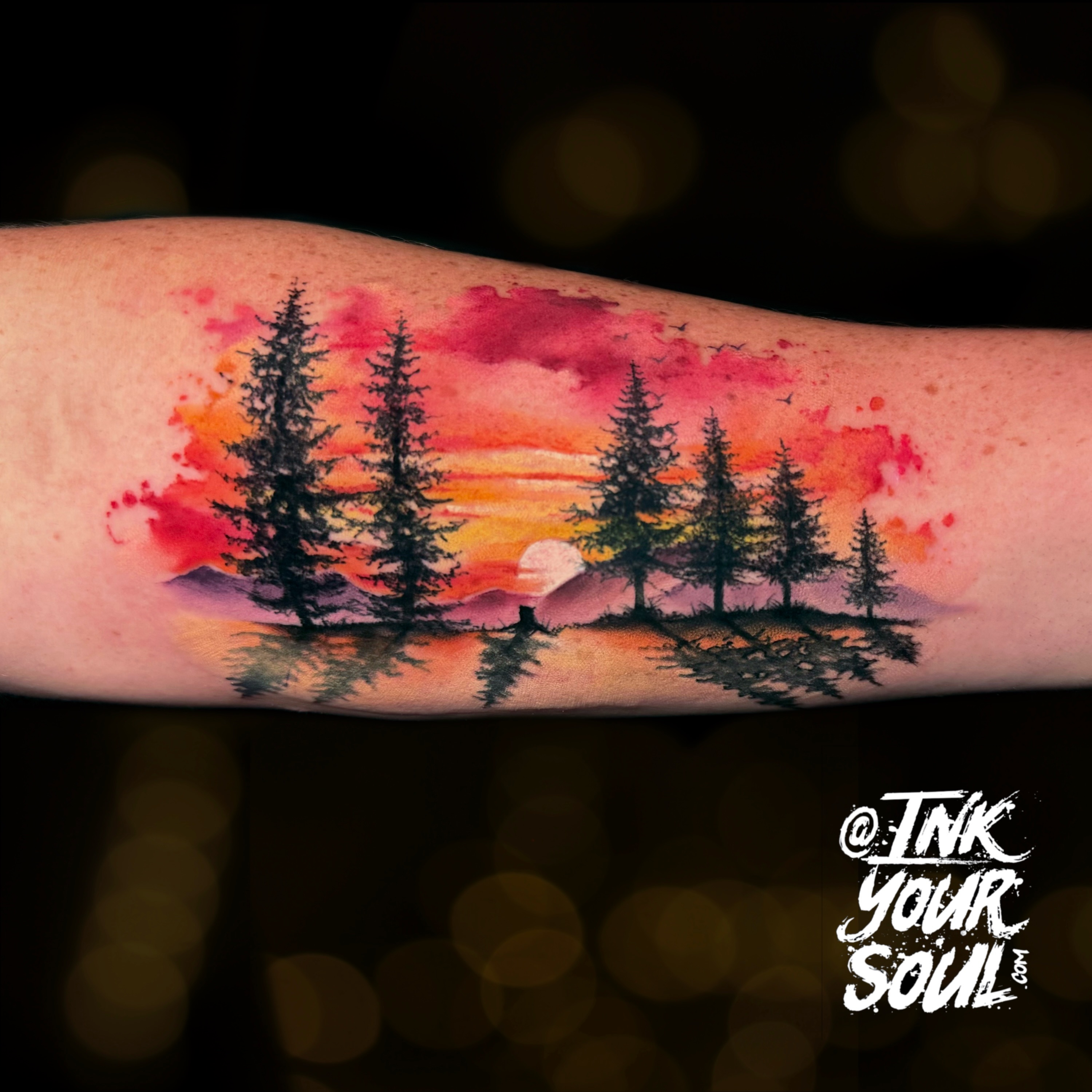 ❤️Memorial tattoo for John who drove over an hour to get this beautiful piece. Thank you so much for trusting me with such a powerful project! @worldfamousink @aurextattooco @inklabtattoomachine #sunsettattoo #watercolourtattoo #edmontontattooartist #memorialtattoo #watercolortattoo