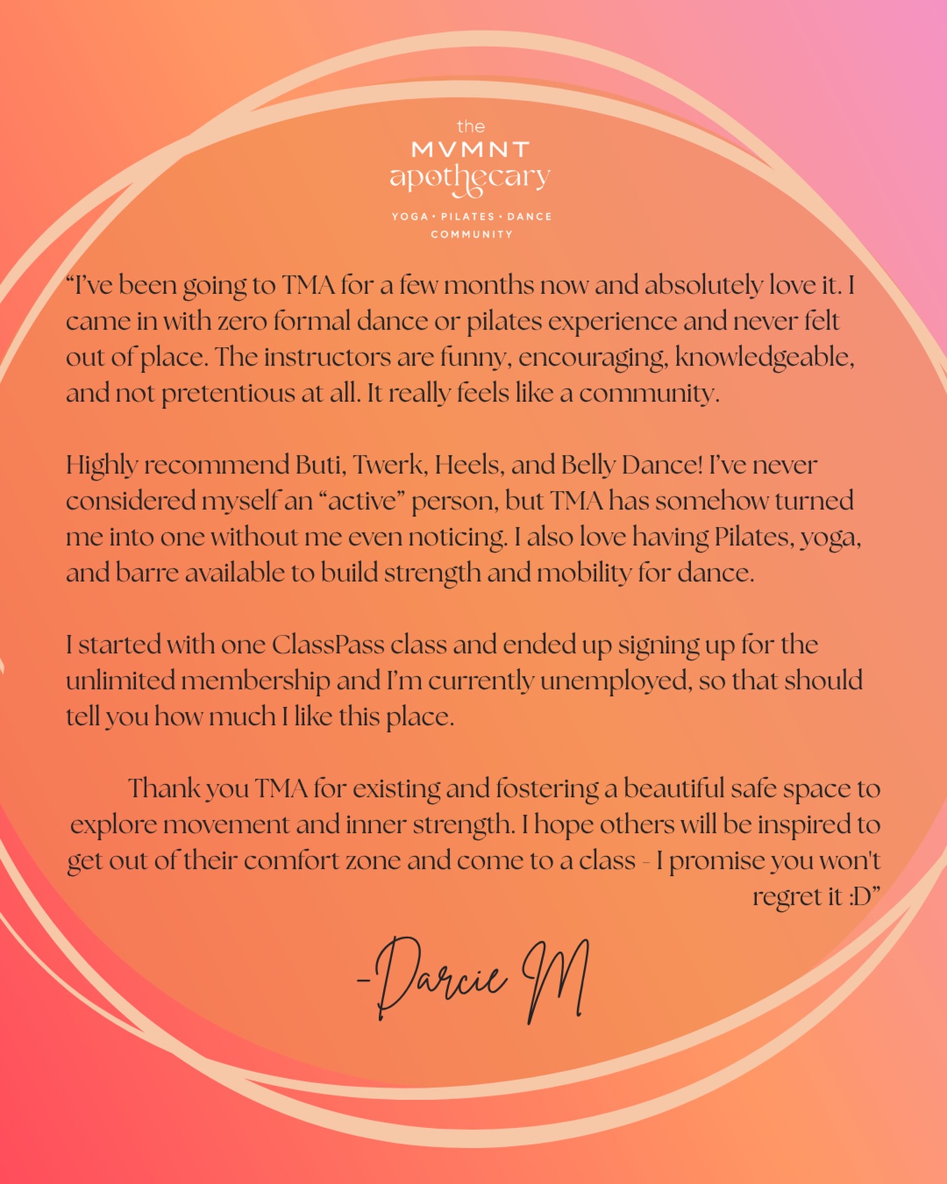 ✨Thank you Darcie for this kind review✨
💗 We’ve loved having you in class and watching you grow! Thank you for choosing us as your space for movement🧘♀️
#jointhemovement #review #pilates #dance