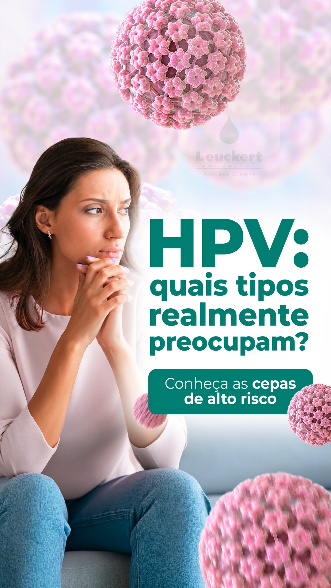 Nem todos os tipos de HPV apresentam o mesmo risco.
Além dos HPV 16 e 18, outros tipos também são classificados como de alto risco oncogênico, como o:
31, 33, 35, 39, 45, 51, 52, 56, 58 e 59.
A presença de um tipo de alto risco não significa, por si só, que existe câncer. A persistência da infecção é um dos principais fatores relacionados ao desenvolvimento de alterações celulares.
▶️ Assista ao vídeo e entenda por que conhecer os tipos de HPV é importante.
📲 Conte com a nossa equipe para saber mais sobre o exame.
🔬Laboratório Leuckert
Grupo Bom Pastor Laboratórios Clínicos
☎️ (51) 3542-1712
🌐 leuckert.com.br
📧 contato@leuckert.com.br
📍Rua Gen. Emílio Lúcio Esteves, 1140, Taquara, RS
⏰Atendimento:
Segunda a sexta-feira
Das 07h às 12h15 e das 13h30 às 18h