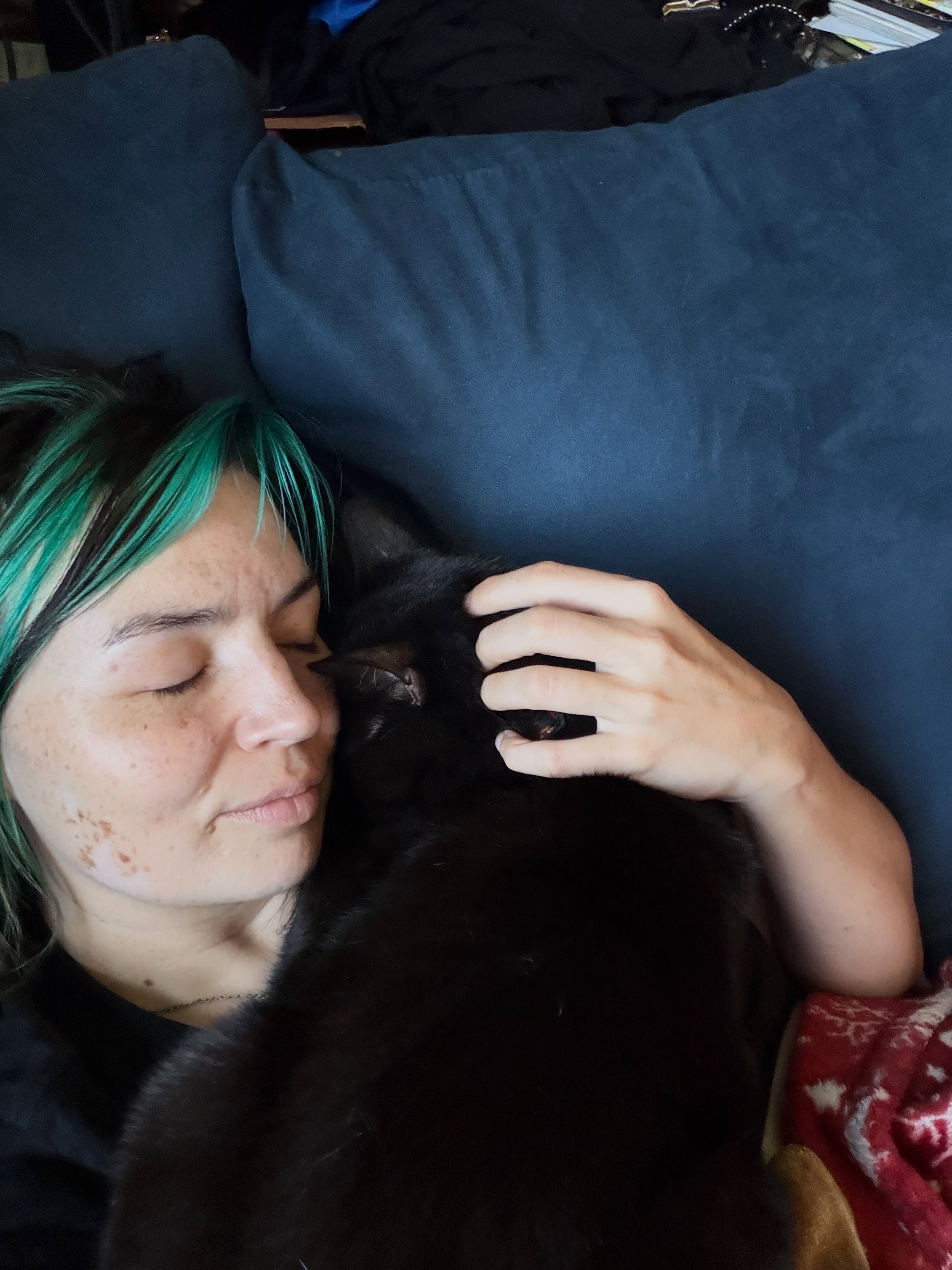 My first Friday where I’m not immediately at my laptop because I turned in my manuscript on Wednesday. I think someone missed full attention snuggling.