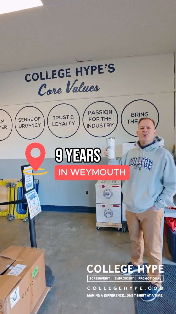 9 years in Weymouth! 👕✨
A lot has changed, but we’re still the same local crew. Drop by the showroom or come say hi—book a visit at collegehype.com 🥰
#collegehype #screenprinting #customapparel #localbusiness