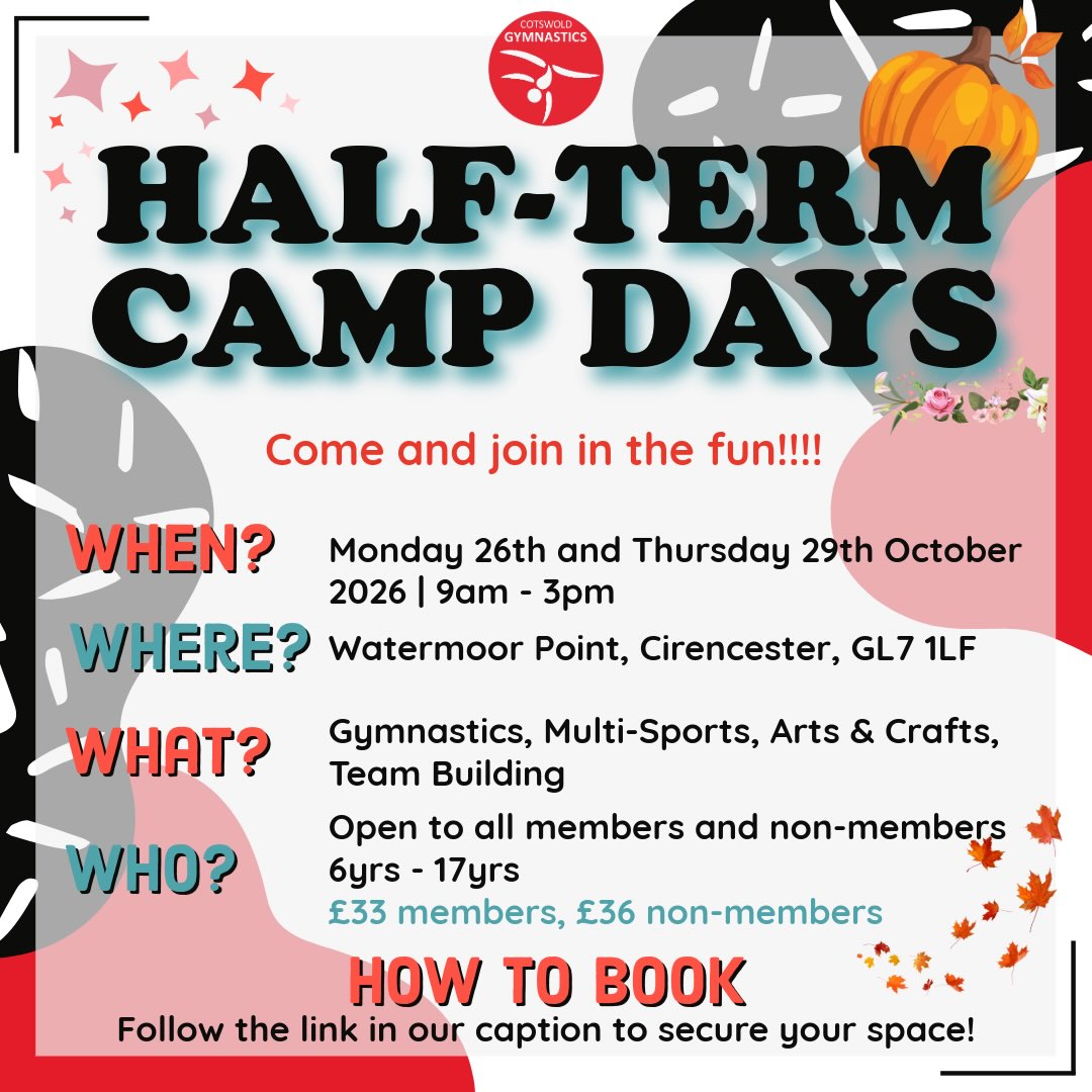 🍂 October half term 🍂
Come and join us for our camp days in October half term, book online now! 🎃👻
If you have any questions, please don’t hesitate to contact us! All details listed below 👇
✉admin@cotswoldgymnastics.co.uk
💻www.cotswoldgymnastics.co.uk
-—————————————
#cotswoldgymnasticsclub #cirencester #cirencesterclubs #thingstodoincirencester #thingstodoinciren