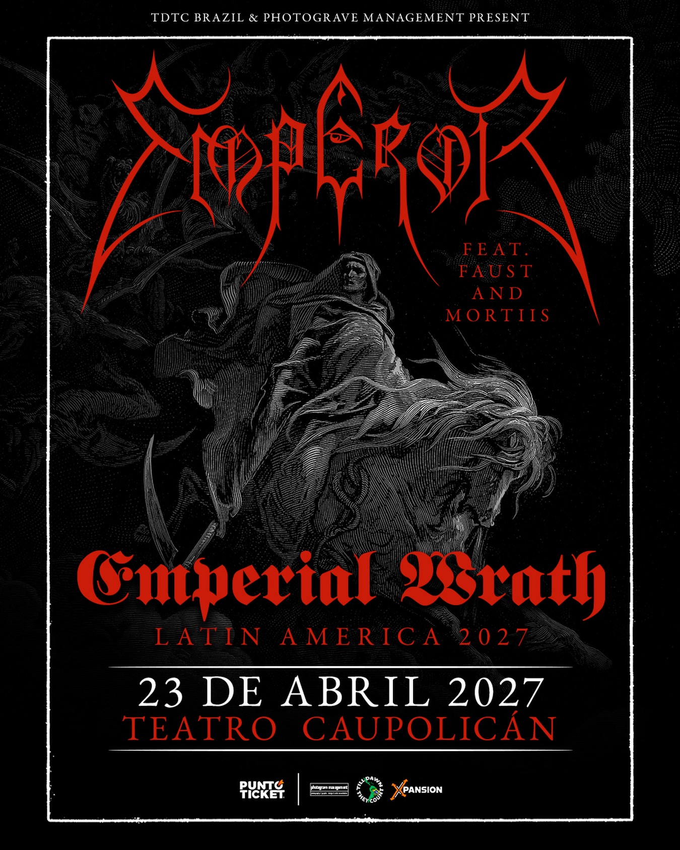 🔥 ¡EMPEROR REGRESA A CHILE! 🇨🇱
Una de las bandas fundamentales del black metal noruego volverá a Santiago para un show muy especial.
📍 23 de abril de 2027 | Teatro Caupolicán
Emperor llegará acompañado por Faust y Mortiis, reuniendo distintas etapas de su historia en una jornada que tendrá un set especial dedicado a In the Nightside Eclipse, además de clásicos y material inédito. ⚫️
Una cita única para los seguidores del black metal y de una banda esencial del género.
🎟️ Entradas disponibles en Puntoticket.
👉 ¿Qué canción de Emperor esperas escuchar en Chile? Te leemos.
#Emperor #EmperorChile #BlackMetal #InTheNightsideEclipse