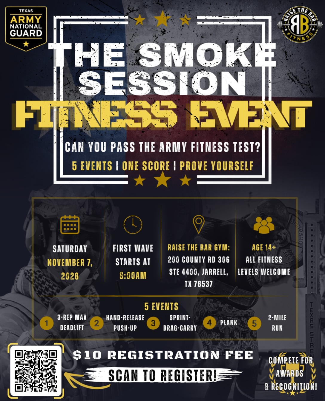 Here’s what’s waiting for you at the Smoke Session 👇
💪 3-rep max deadlift
🔥 Hand-release push-ups
🏃 Sprint-drag-carry
⏱️ Plank
👟 2-mile run
Which event would be your strongest? Tell us below!
Join us November 7. Ages 14+, all fitness levels welcome. Registration link in bio or or register at the link below 👇
https://www.eventbrite.com/e/the-smoke-session-fitness-event-tickets-2002152109857
#SmokeSession #RaiseTheBAR #FitnessChallenge