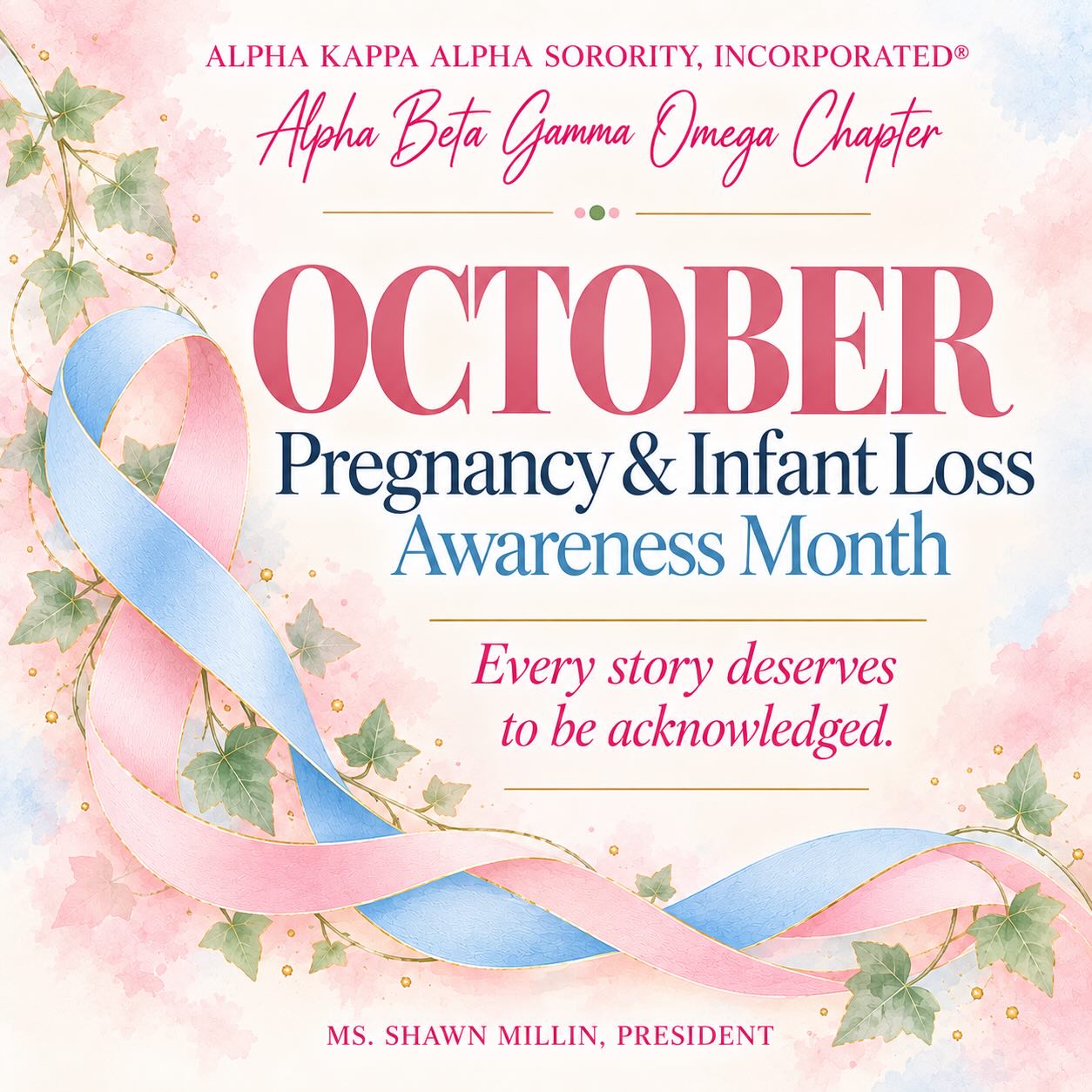 October is Pregnancy and Infant Loss Awareness Month 🩷🩵
Alpha Kappa Alpha Sorority, Incorporated® Alpha Beta Gamma Omega Chapter pauses to recognize the precious lives remembered, the stories carried in our hearts, and the families whose journeys have been touched by pregnancy and infant loss.
Throughout this month, we honor those who have experienced miscarriage, stillbirth, or infant loss and acknowledge that every journey of grief, remembrance, and healing is unique.
May we continue to create space for compassion, understanding, and support while reminding families that their babies are remembered, their stories matter, and their love endures.
Our chapter honors the babies remembered and the families who carry their love. We encourage our community to offer compassion, listen without judgment, and make space for grief. You are seen, and your loss matters.
This October, we remember every life. We honor every story. We hold space for every family. 🩷🩵
#PregnancyAndInfantLossAwareness #PregnancyAndInfantLossAwarenessMonth #RememberingOurBabies #ABGO #Target3 HealthAndWellnes
AKA1908 AlphaBetaGammaOmega NorthAtlanticRegion