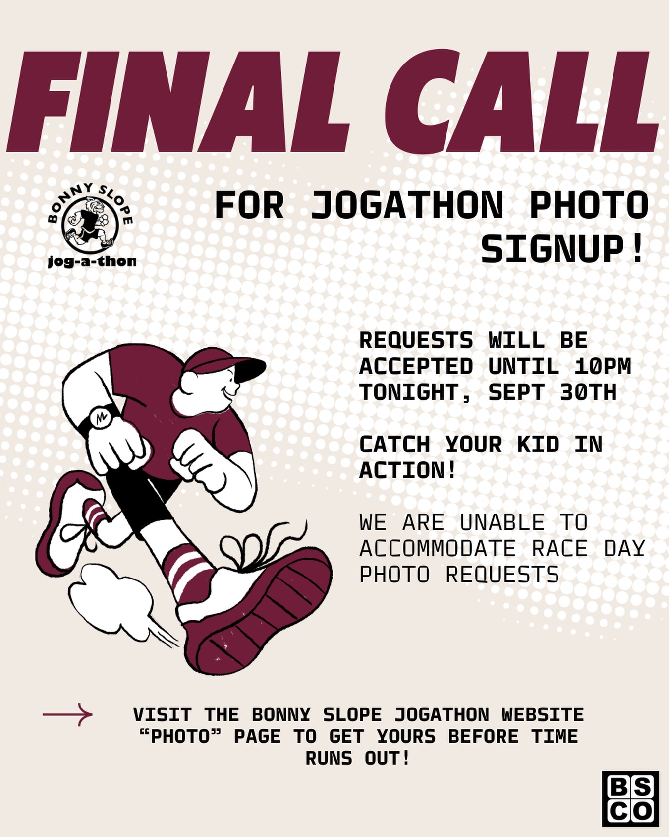 📸 Last call for Jogathon photos!
Want a great action shot of your kiddo from Jogathon? Photo requests must be submitted by 10 PM TONIGHT, September 30!
Head to the Bonny Slope Jogathon website and visit the “Photo” page to purchase/request your photo before the deadline.
🏃♀️🏃♂️ Don’t miss your chance to capture them in action! Please note that race-day photo requests cannot be accommodated, so be sure to get yours in tonight.
❤️ Thank you for supporting Bonny Slope and our Jogathon!