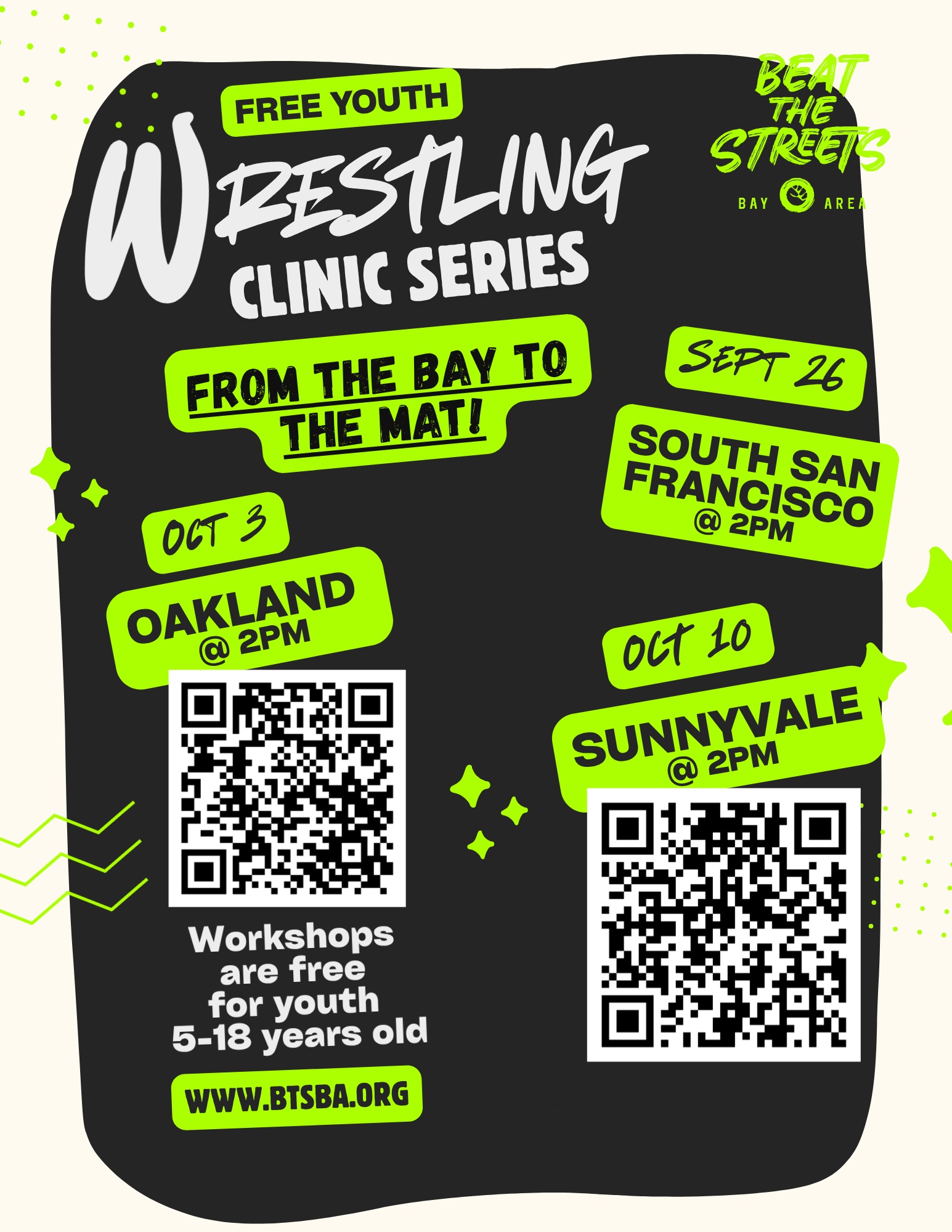 2 days away! 🤼♂️
Oakland, we’re coming your way this Saturday for our next From the Bay to the Mat clinic!
📅 Saturday, October 3, 2026
⏰ 2:00–4:00 PM
📍 Elmhurst United Middle School
1800 98th Ave, Oakland, CA
Youth wrestlers will have the chance to learn from college wrestlers Nico Provo, Grigor Cholakyan, and Tyler Knox while building their skills on the mat.
Register now using the link in our bio!