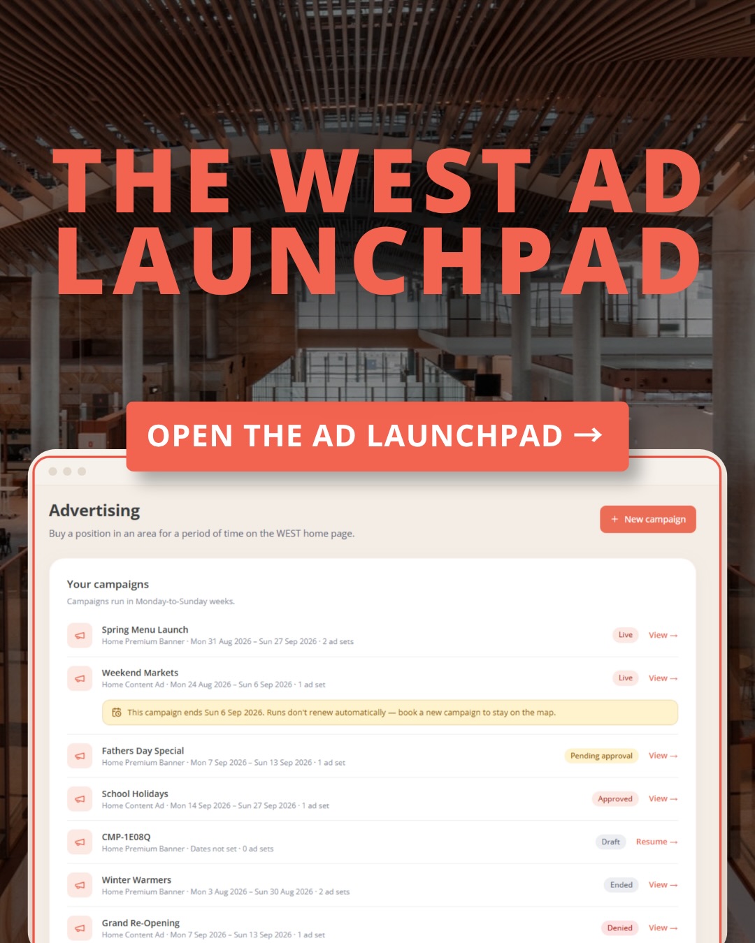 Create your WEST ad directly from the app.
Advertising is now in your hands because we believe the businesses shaping a place should have an easier way to reach the people exploring it.
The new WEST Ad Launchpad lets you create your own advertising through The WEST Journal App - putting your business in front of people looking for somewhere to eat, stay, shop, visit and explore.
Open The WEST Journal App and visit the Ad Launchpad now
#thewestadlaunchpad #thewestjournal #advertising #beseen