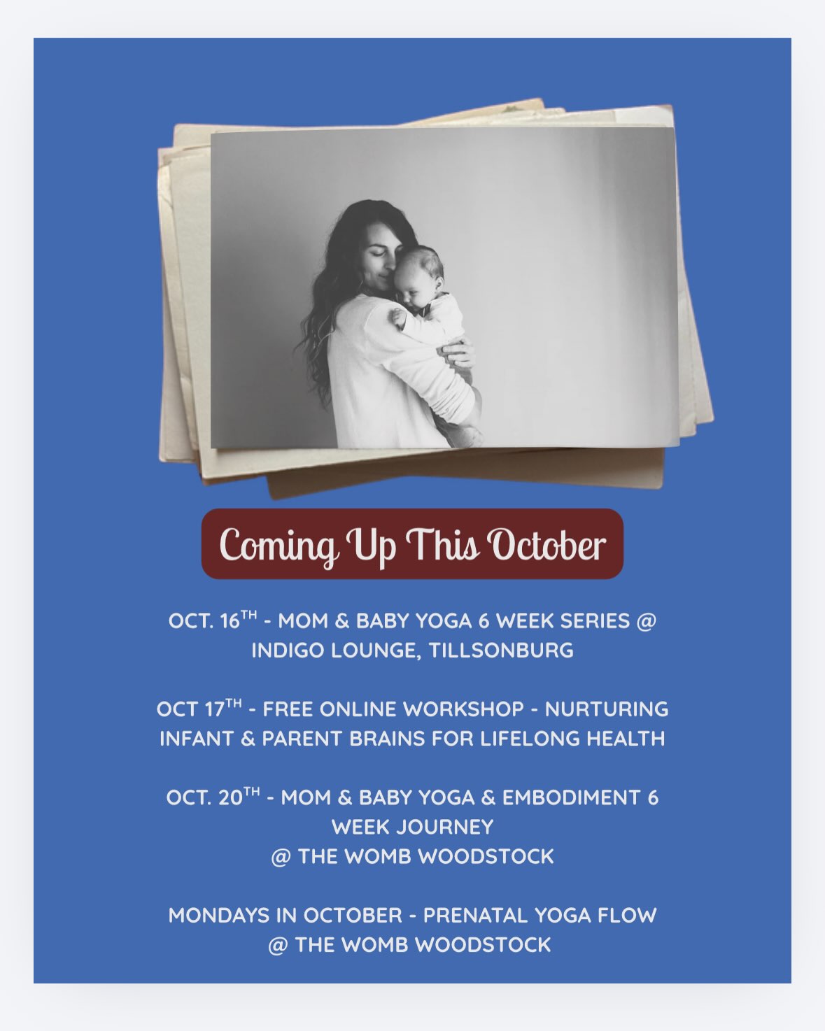October w/ The Nurtured Nest🪺
While I’ll be out of office for the first few weeks of October, I’m excited to share these special offerings that are coming up after thanksgiving! 🇨🇦
🧘🏻♀️ 👶🏻 Mom & Baby Yoga- 6 week series starting Friday Oct 16 @indigo.lounge1111 in Tillsonburg
~ space to move gently, connect with your baby and nurture yourself through movement and motherhood
🧠 💻 Free Nurturing Infant & Parent Brains for Lifelong Health Webinar (online)- on Saturday Oct 17
~ a journey into how your babies brain develops, how your brain transforms and parenthood, and what it takes to nurture your baby and your family for lifelong health!
🌀🪷 Mom & Baby Yoga & Embodiment Journey - 6 week series starting Tuesday Oct 20 @thewombwoodstock
~ a six week journey weaving together yoga, pelvic floor support, embodiment practices, , nervous system exploration, and Nurture Neuroscience & Somatic Experiencing teachings to help support integration for all that you’ve experienced through pregnancy, birth, and your motherhood journey.
🤰🧘🏻♀️ Prenatal Yoga Flow - ongoing classes every Monday evening @thewombwoodstock
~ a supportive space to slow down, connect with your changing body and prepare for birth and motherhood.
Whether you’re looking for movement, connection, community, or simply a place to land and be nurtured, there’s a space for you here! Also, not only for parents- offerings such as private yoga or somatic experiencing nervous system healing sessions also available!! More info on website 🫶🏼 www.amyjulienne.com
#octoberofferings #thenurturednest #tillsonburg #woodstock #perinatalsupport