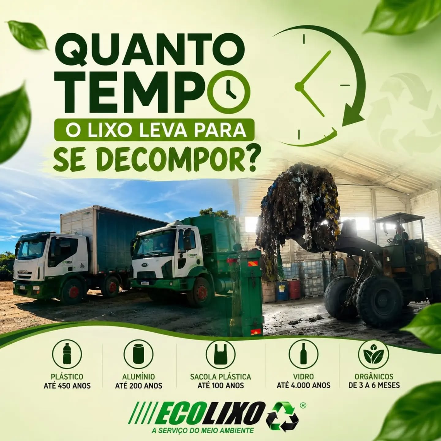 ♻️ O tempo passa, mas o lixo continua no meio ambiente.
Alguns resíduos levam centenas de anos para se decompor. Por isso, o descarte correto faz toda a diferença.
Faça sua parte. Preserve hoje para garantir o amanhã. 🌱
#Ecolixo #Sustentabilidade #MeioAmbiente #reciclagem