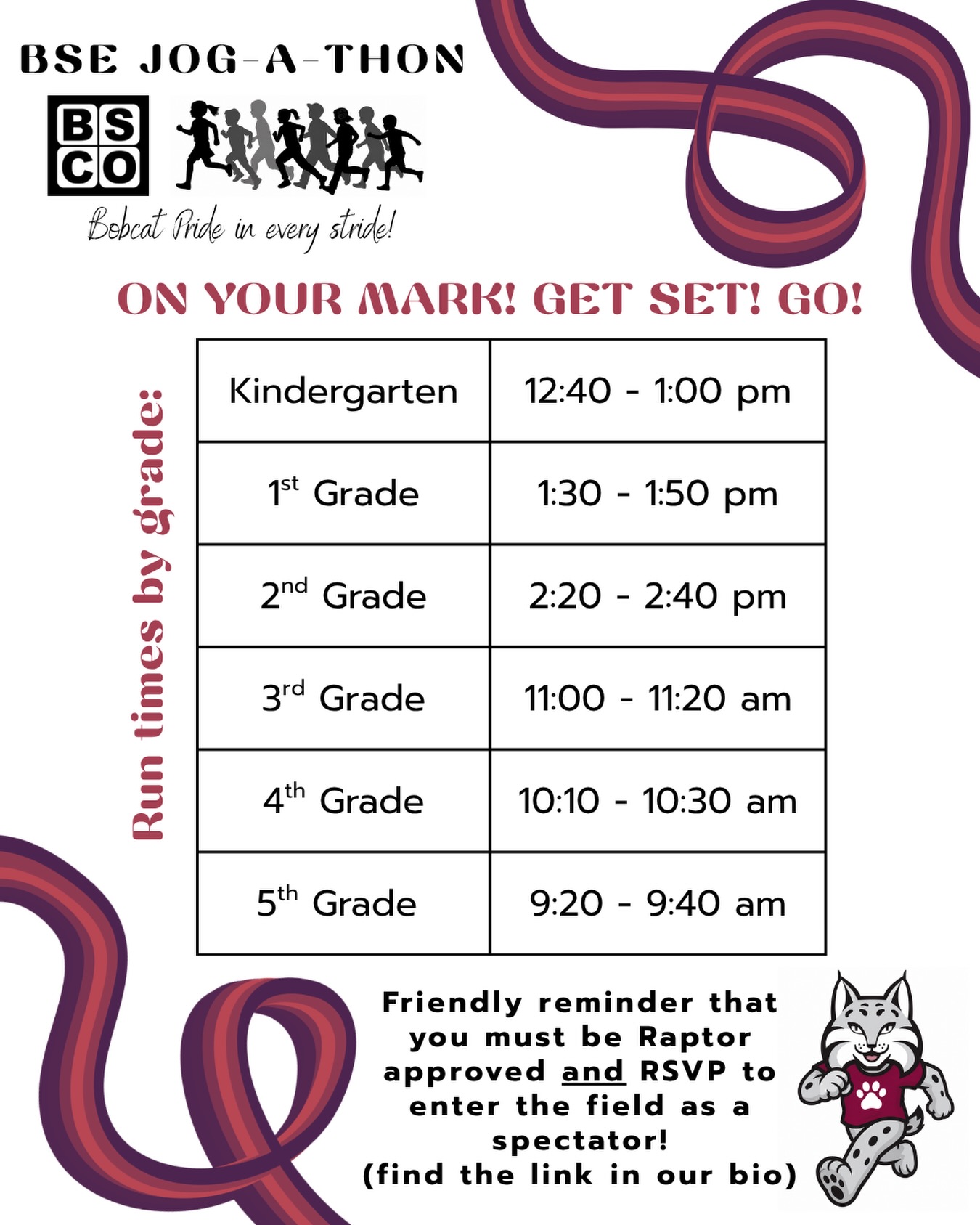 🏃♀️ Jog-a-Thon is THIS FRIDAY! 🏃♂️
It’s time to make your plans and come cheer on our Bobcats! ❤️ Check the run times above to see when your kiddo(s) will hit the field.
Planning to watch? Please RSVP ASAP! All spectators must be Raptor approved AND RSVP in advance to enter the field. Find the RSVP link in our bio.
Bring your Bobcat spirit and your loudest cheers! 🤗 We can’t wait for a fun day of running, cheering, and showing our Bobcat pride in every stride! 🐾
On your mark… get set… GO BOBCATS! 🎉