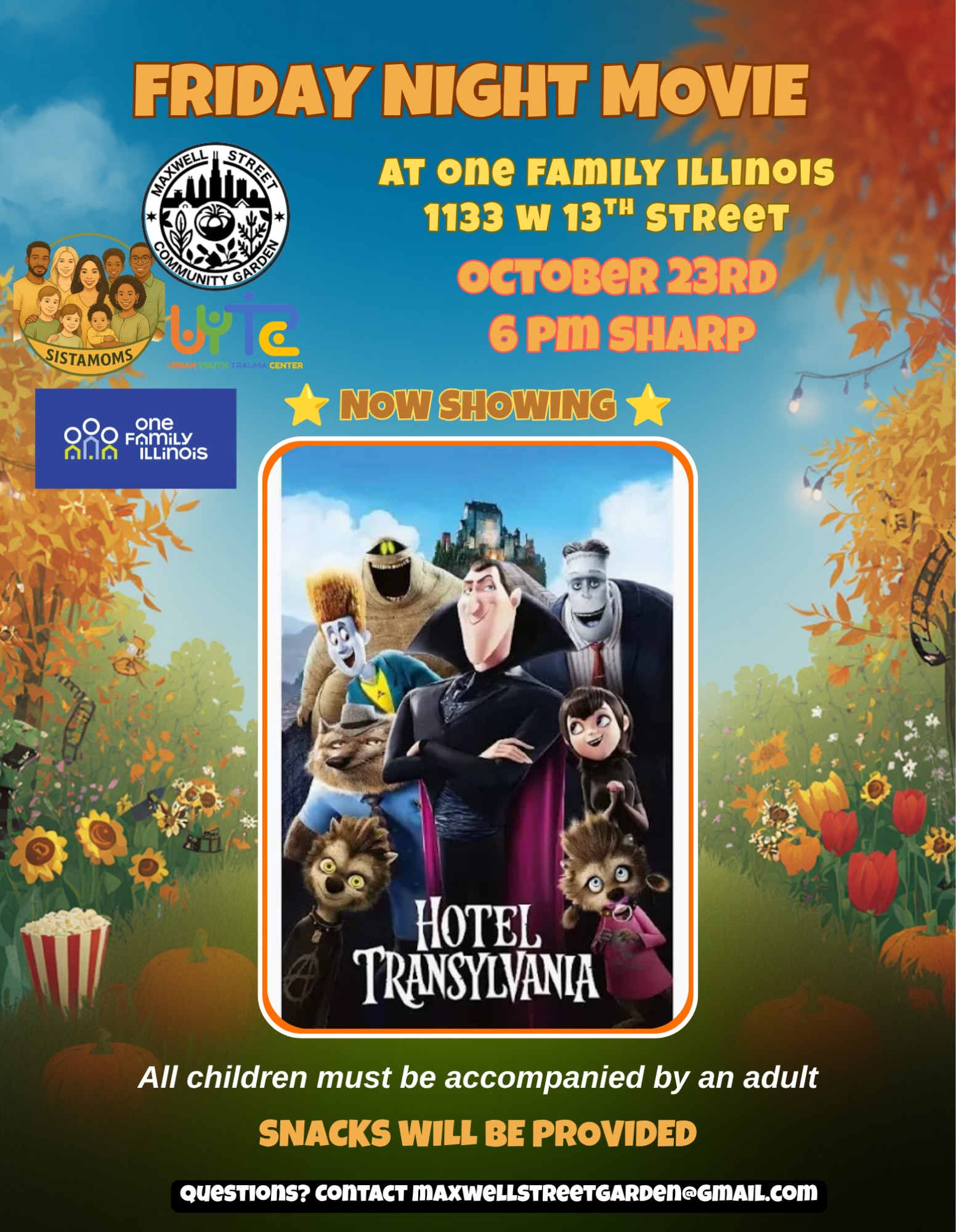 Join us for movie night October 23rd at 6 pm @onefamilyillinois 🍿🎥🎬