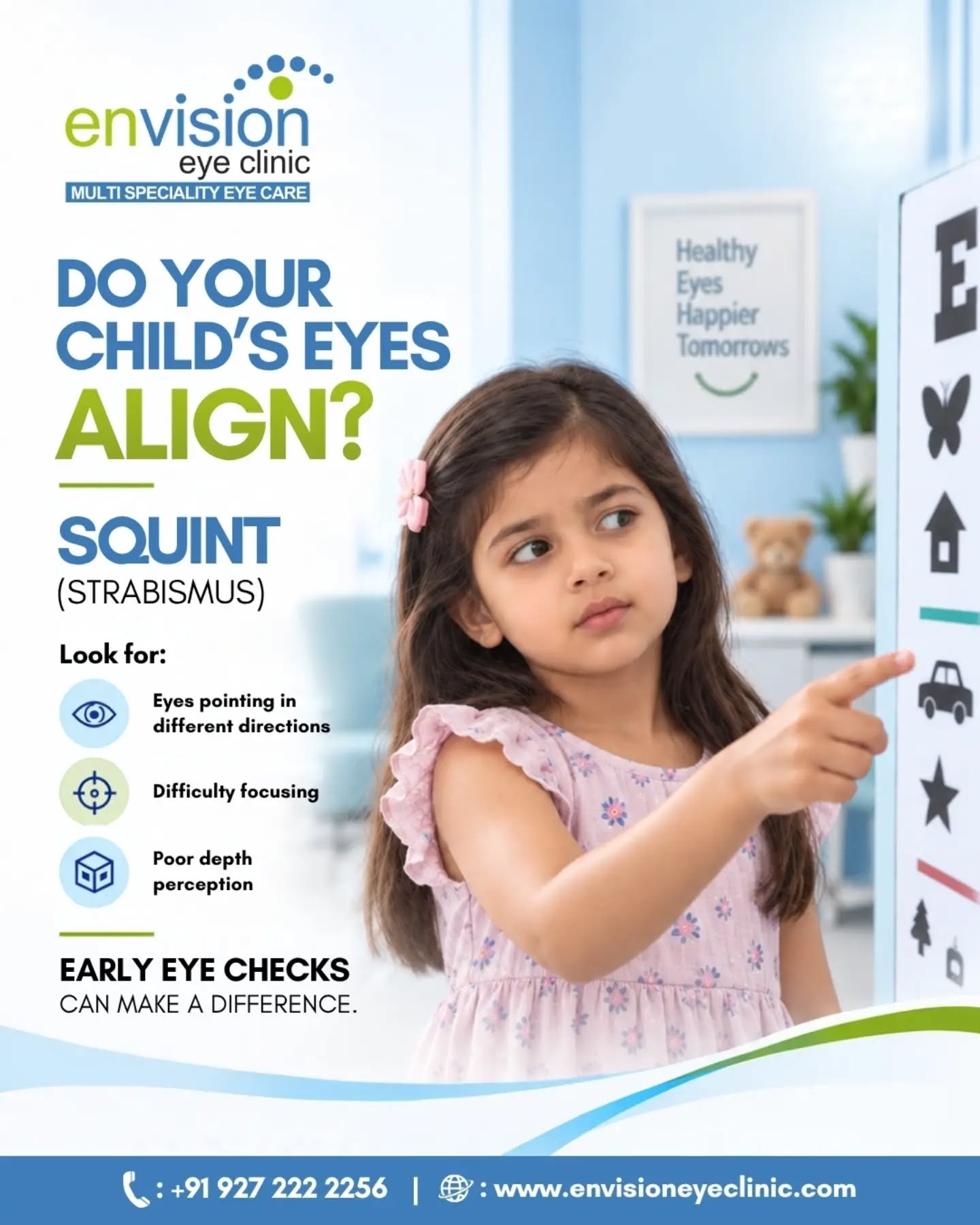 ๐๏ธ Do Your Childโs Eyes Align?
If your childโs eyes donโt always point in the same direction, it could be strabismus (squint). Early detection and treatment can help support proper vision development and depth perception.
(child eye health, strabismus, squint eyes, pediatric eye care, childrenโs vision)
๐ 2nd Floor, Shivraj Apartments, Near Parihar Chowk, Aundh, Pune, Maharashtra 411067
#ChildEyeCare #Strabismus #SquintEyes #EyeHealth #EnvisionEyeClinic