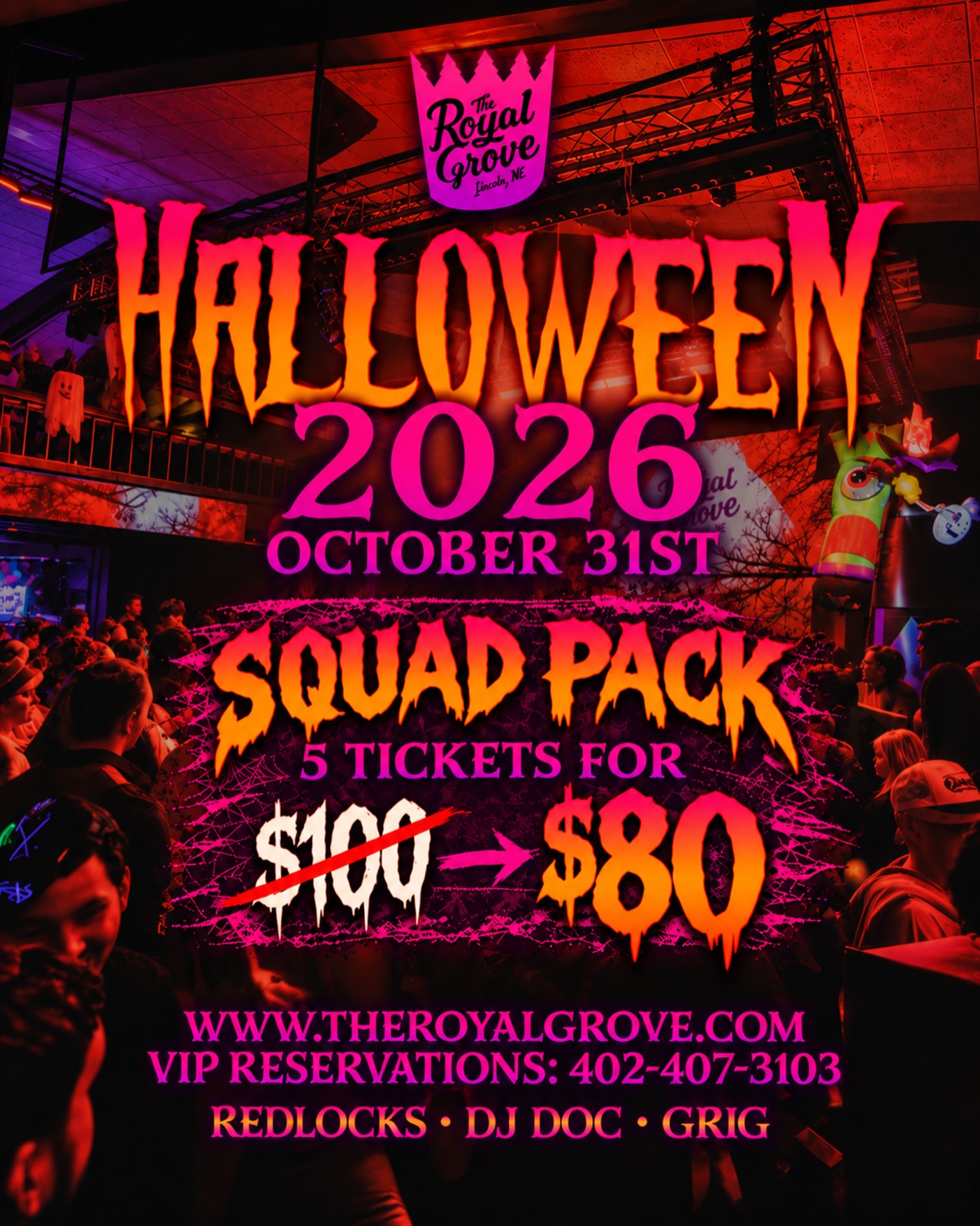 ๐ 10 DAYS ONLY! Halloween plans just got a whole lot cheaper. Grab the crew and lock in our SQUAD PACK โ 5 tickets for ONLY $80!
Thatโs just $16 per person for Halloween at The Royal Grove ๐ป๐ฅ This deal starts TODAY and disappears October 11th, so donโt wait until itโs gone.
Get your squad together and secure your Halloween night now! ๐๏ธ theroyalgrove.com