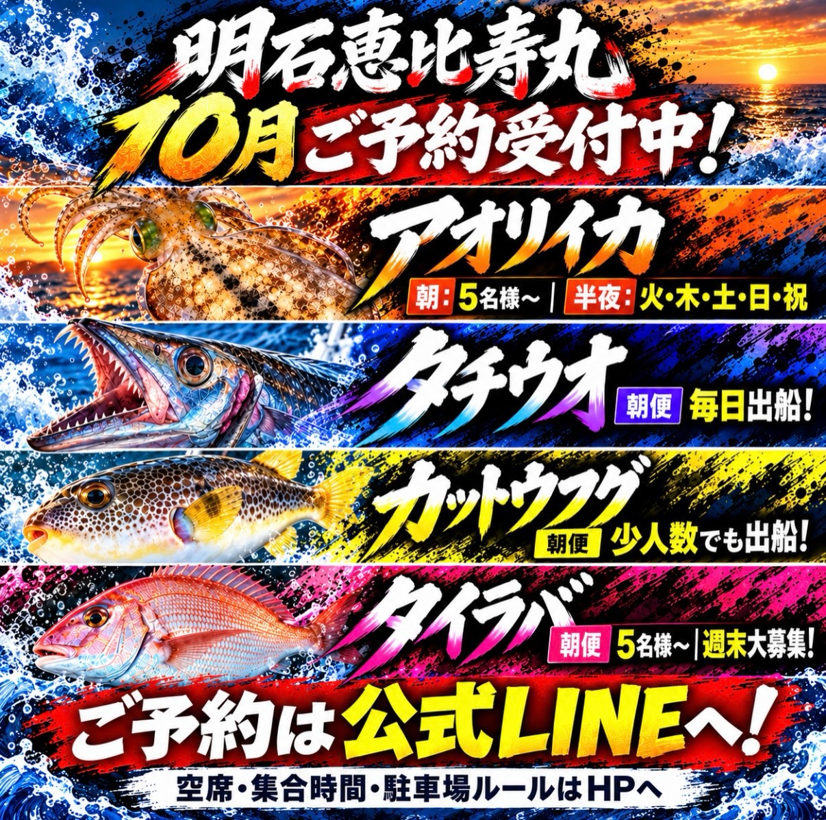予約待ってまーす🆘秋恵比寿🍂開幕🍂
明日からいよいよ10月スタート🍁
秋の船釣り、楽しむなら今ですよ🎣✨
🦑アオリイカ、キロアップ登場❣️
エビレコも更新しました🔥
🏆タチウオキングバトル🏆
明日10月1日は、恵比寿丸での予選最終日!
まだまだチャンスありますよ🔥
エントリー+1000円で限定ステッカーと
釣具屋さん1500円引きクーポンも貰えます!
明日の【朝タチウオ便・朝フグ便】
明日の【タチウオキングバトル便】
本日21時頃までご予約受付中💁♀️
ご予約お待ちしております❣️
\🍁10月の出船予定をご紹介🍁/
集合時間・駐車場の
ご利用ルールはHPで必ずご確認ください🚗
🦑【アオリイカ便】
☀️朝便:5名様以上で出船決定!
🌙半夜便:火・木・土・日・祝に出船!
ぐんぐんサイズアップ中⤴️
明日から淡路エリアも解禁!攻略スタート▶️
キロアップも登場し、期待が高まります🔥
サイズも数も狙いたいなら10月❣️
10月のイカ🦑チャンス度 ★★★★★
🐉【タチウオ便】
☀️朝便:毎日出船決定!
サイズアップでハイシーズン突入🔥
指3〜3.5本をメインに
指4本も混じって激アツ!テンヤ優勢!
ドラゴンを狙うなら今がチャンス🐲✨
10月のおすすめ度 ★★★★★
釣り物に迷ったら、今はタチウオ❣️
🐡【フグ便】
☀️朝便:少人数でも出船決定!
※潮の状況により、乗船人数を調整します。
今年は増便で、広々快適に釣行❣️
活性もサイズも◎アタリが多い今こそ、
カットウの練習にもぴったり🎣
エサは25匹以上を目安にご用意ください!
アタリに備えて、
余裕を持った準備がおすすめです👍
🐟【タイラバ便】
☀️朝便:5名様以上で出船決定!
週末は、なるべく出船したい…!!!
ということで、ご予約大募集中です😂❣️
タイラバをご検討中の方は、
ぜひ週末に🎣出船決定に向けて、
早めのご予約をいただけると嬉しいです🙌
11月からはタイラバ便を強化予定🗓️✨
釣り物いっぱい!
楽しみいっぱいの10月🍁
狙いたい魚を決めて、
秋の海へ出かけましょう🚢
皆様のご予約をお待ちしております😊