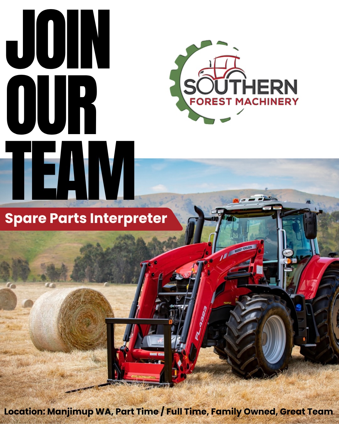 JOIN THE TEAM - Spare Parts Interpreter
Fantastic opportunity for someone with strong computer skills, excellent customer service, detail focused and keen interest in machinery and agriculture.
Great attitude, willingness to learn and motivated to deliver top quality support and service to our valued customers.
Keen to join one of the South West’s leading agricultural and machinery dealerships and make your mark?
Email: Matt - General Manager
Manager@southernforestmachinery.com.au
Or Apply on Seek today.
#manjimup #pemberton #bridgetown #southwestwa southernforestswa