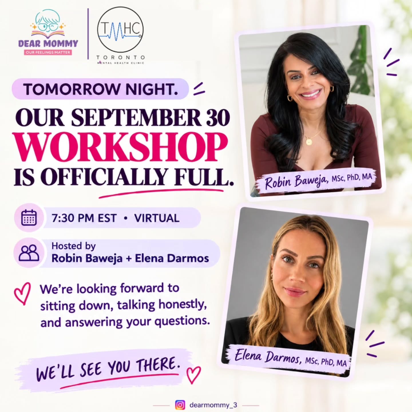 Well, this happened… and our hearts are FULL! 🥹💗
Our September 30 ADHD Parent Workshop is officially FULL!
To every parent who signed up, thank you for making space for yourself, for showing up, and for being willing to have those honest conversations that parenting sometimes needs.
Tomorrow isn't about being a perfect parent. It's about sharing, listening, learning, and knowing that you don't have to figure everything out alone.
Dr. Elena Darmos and I are genuinely looking forward to sitting down with you, hearing your stories, and answering your questions.
See you tomorrow! ❤️
— Dr. Robin Baweja
#adhdawareness #freeworkshop #dearmommy_3 #parentsupport #adhd