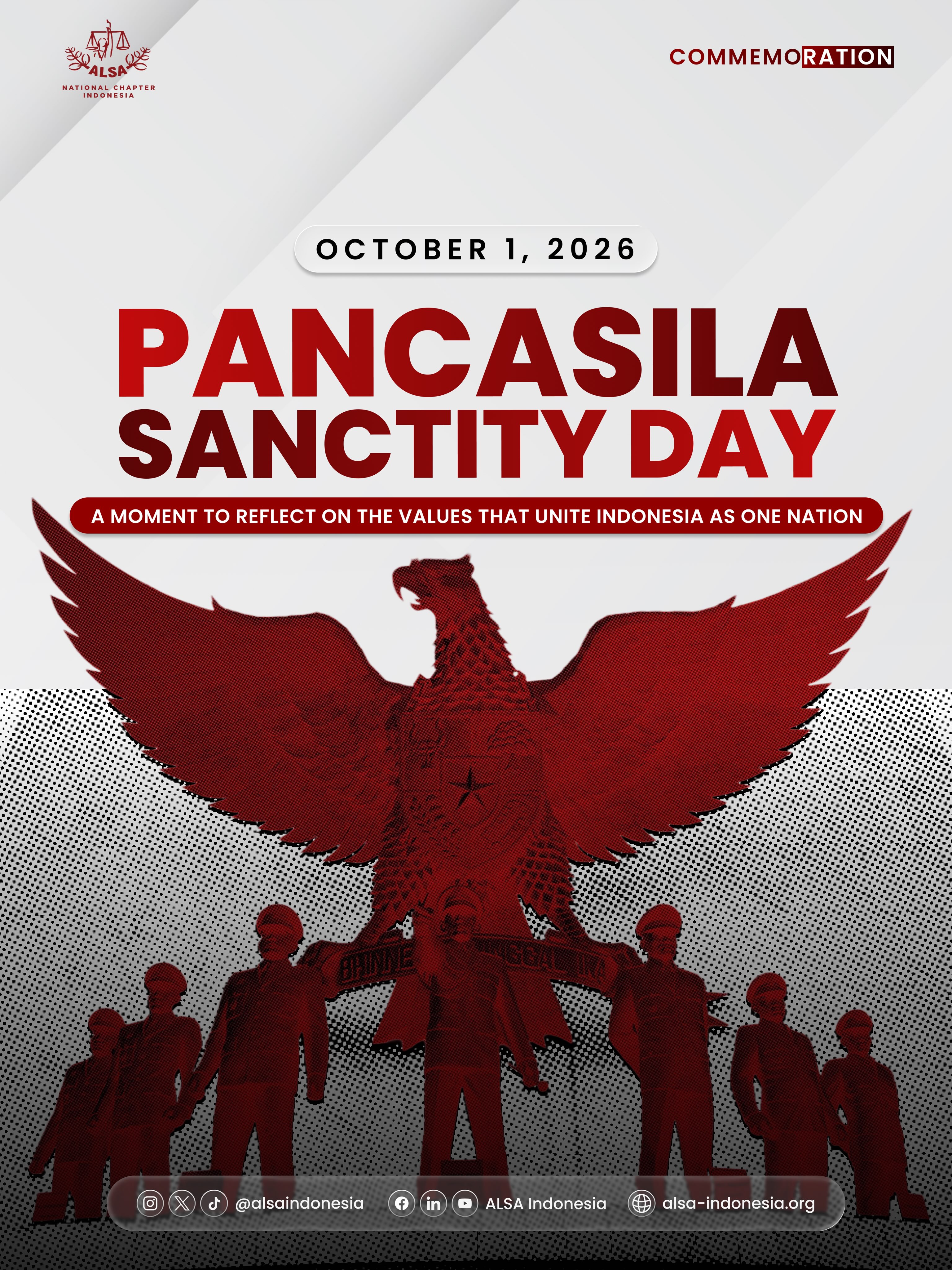 Warm Greetings, ALSAians!
Today, we commemorate Pancasila Sanctity Day, a moment to remember the history surrounding 30 September–1 October 1965 and the people who became part of one of the most significant chapters in Indonesia’s history.
Through this day, we remember the Revolutionary Heroes and reflect on the values of Pancasila that continue to guide Indonesia’s journey as a nation. Their stories remind us to understand our history, appreciate our unity, and carry the values of Pancasila into our everyday lives.
Let us keep learning from history, honour the values we share, and move forward together as one generation.
Happy Pancasila Sanctity Day 2026!
ALSA, Always Be One!